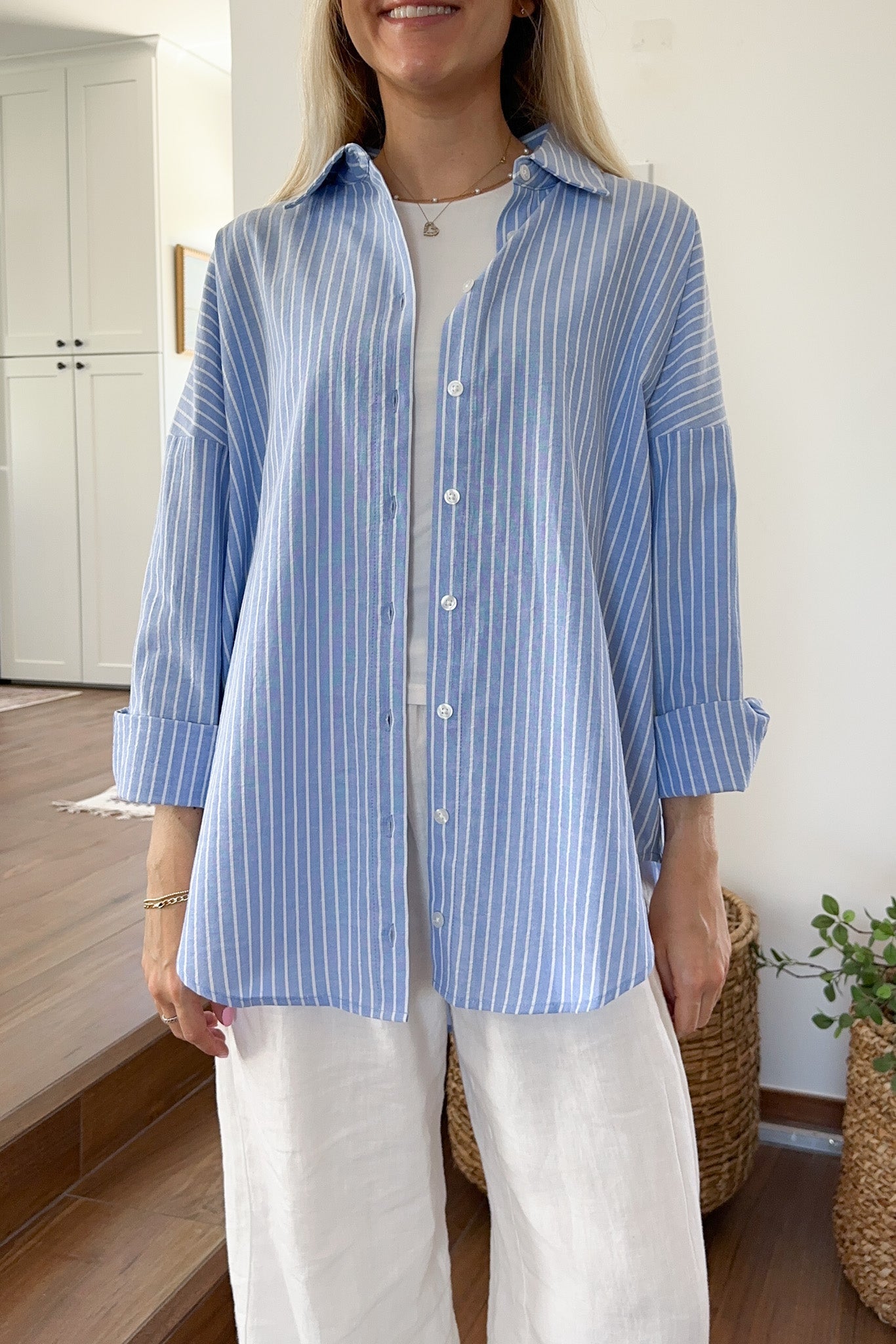 Estelle Striped Button Down in Blue and White - Neutral Ground