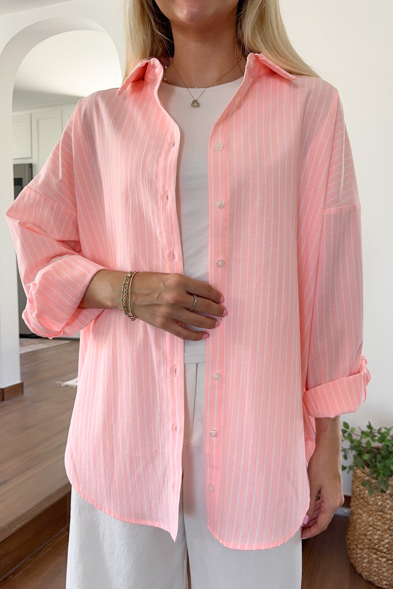 Estelle Striped Button Down in Coral Pink and White - Neutral Ground