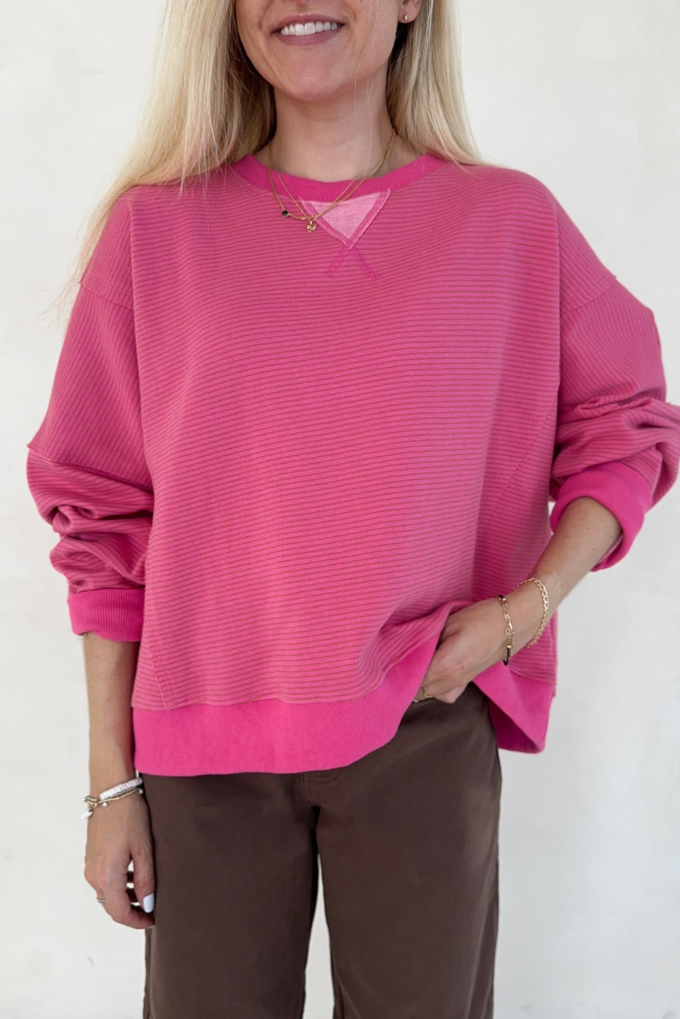 Fall Break Hibiscus and Mocha Striped Pullover - Neutral Ground