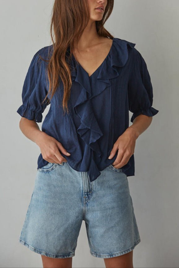 Farrah Navy Ruffle Top - Neutral Ground