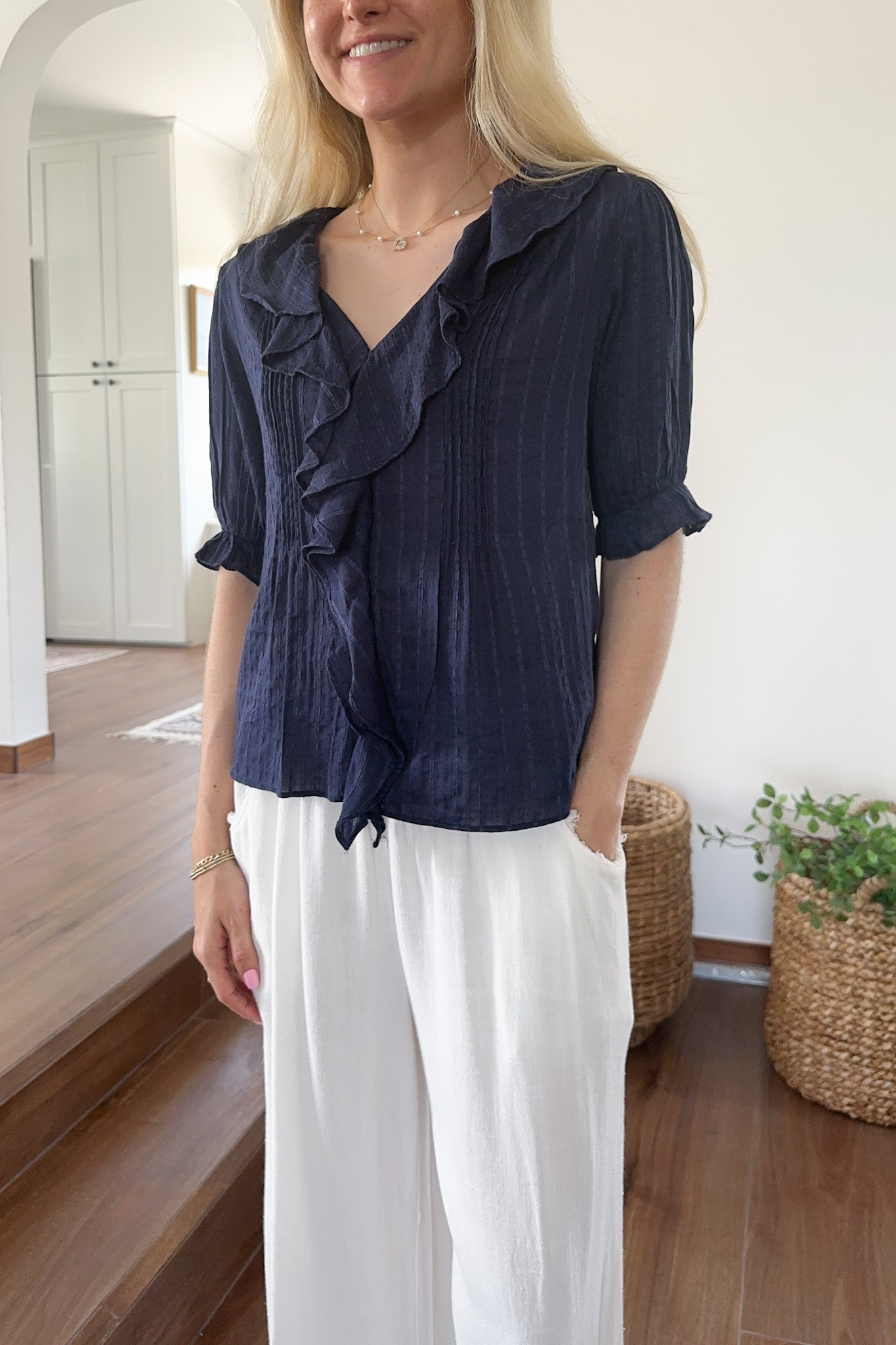Farrah Navy Ruffle Top - Neutral Ground