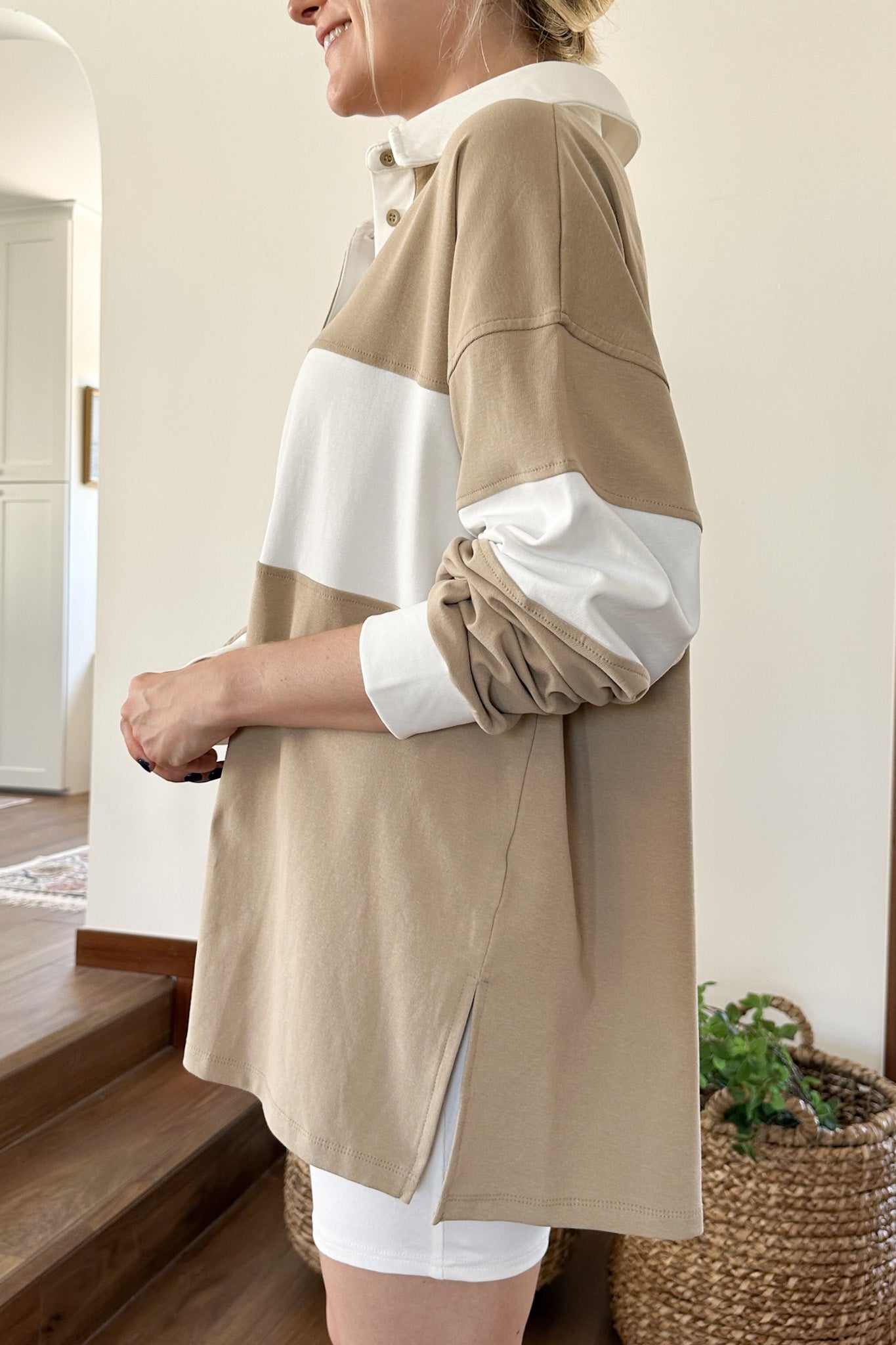 Field Day Stripe Rugby Polo Top & Biker Shorts Set in Natural - Neutral Ground