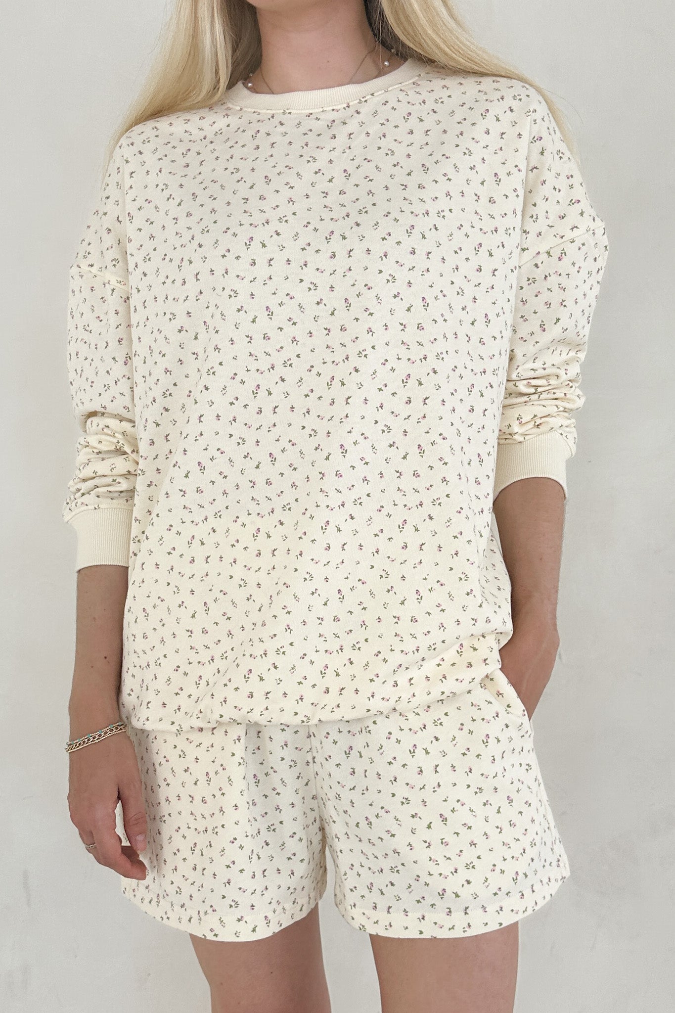 Fleur Cream Ditsy Floral French Terry Lounge Shorts - Neutral Ground