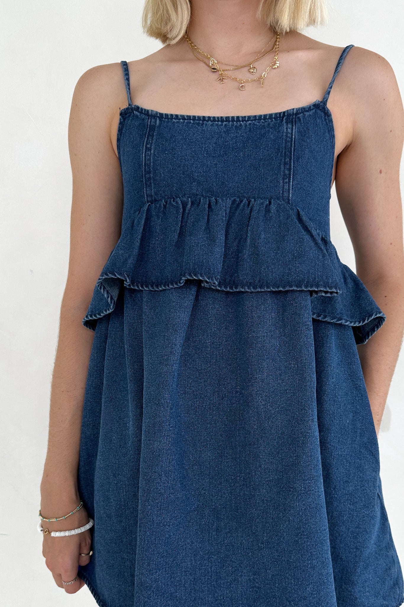 Frankie Tiered Ruffle Denim Mini Dress - Neutral Ground