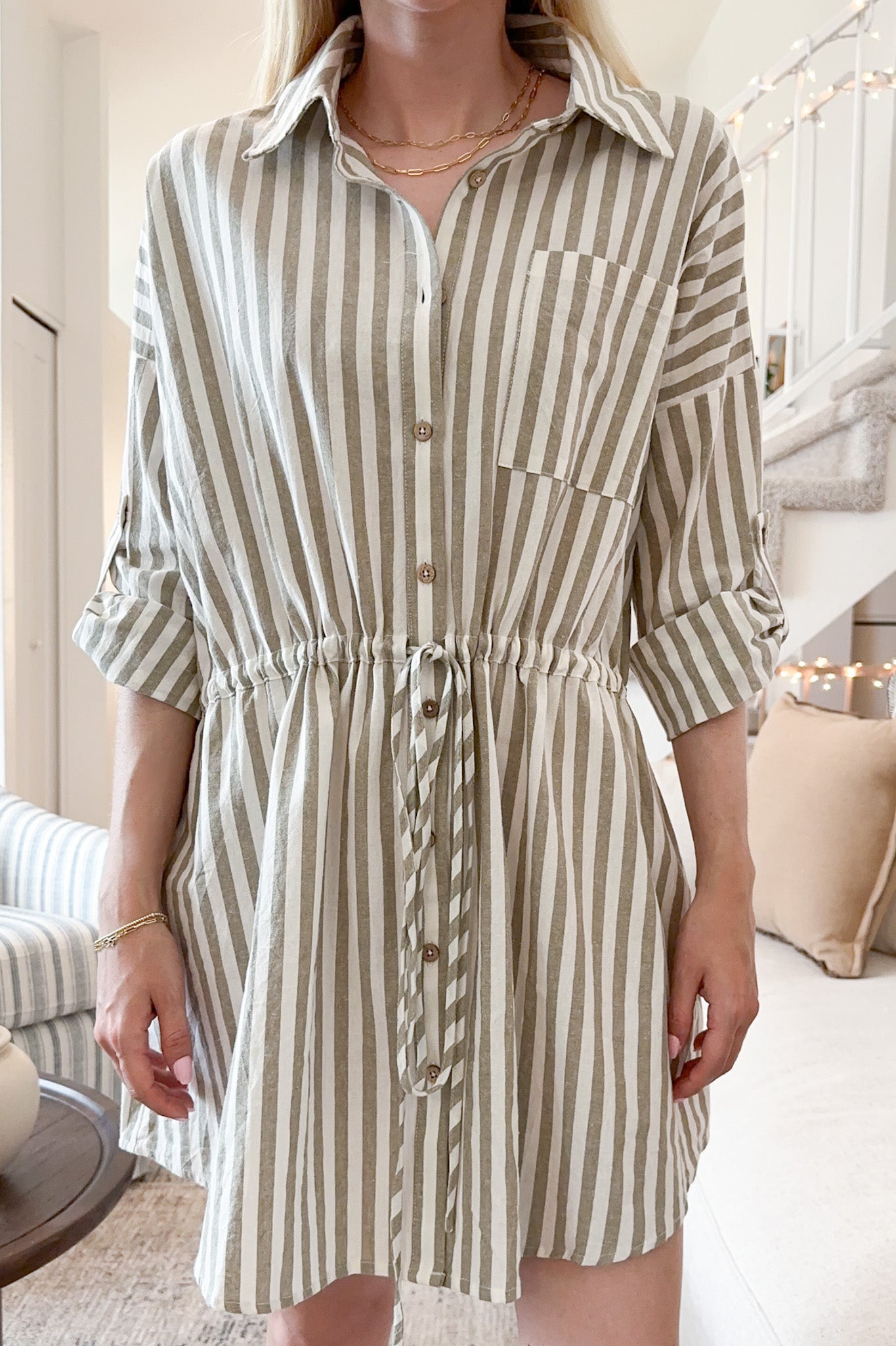 Geneva Striped Button Down Linen Dress - Neutral Ground