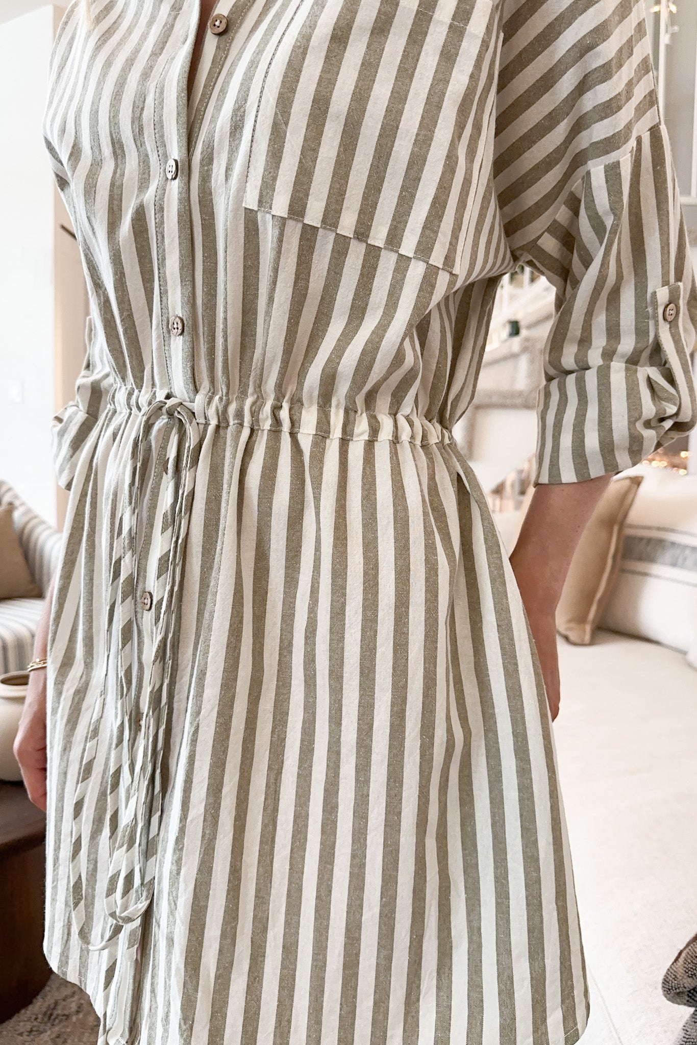 Geneva Striped Button Down Linen Dress - Neutral Ground