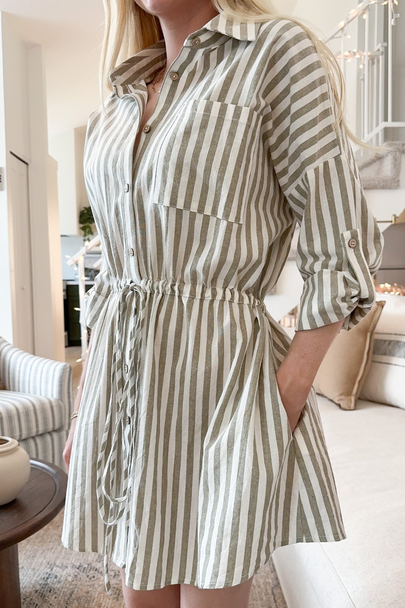 Geneva Striped Button Down Linen Dress - Neutral Ground