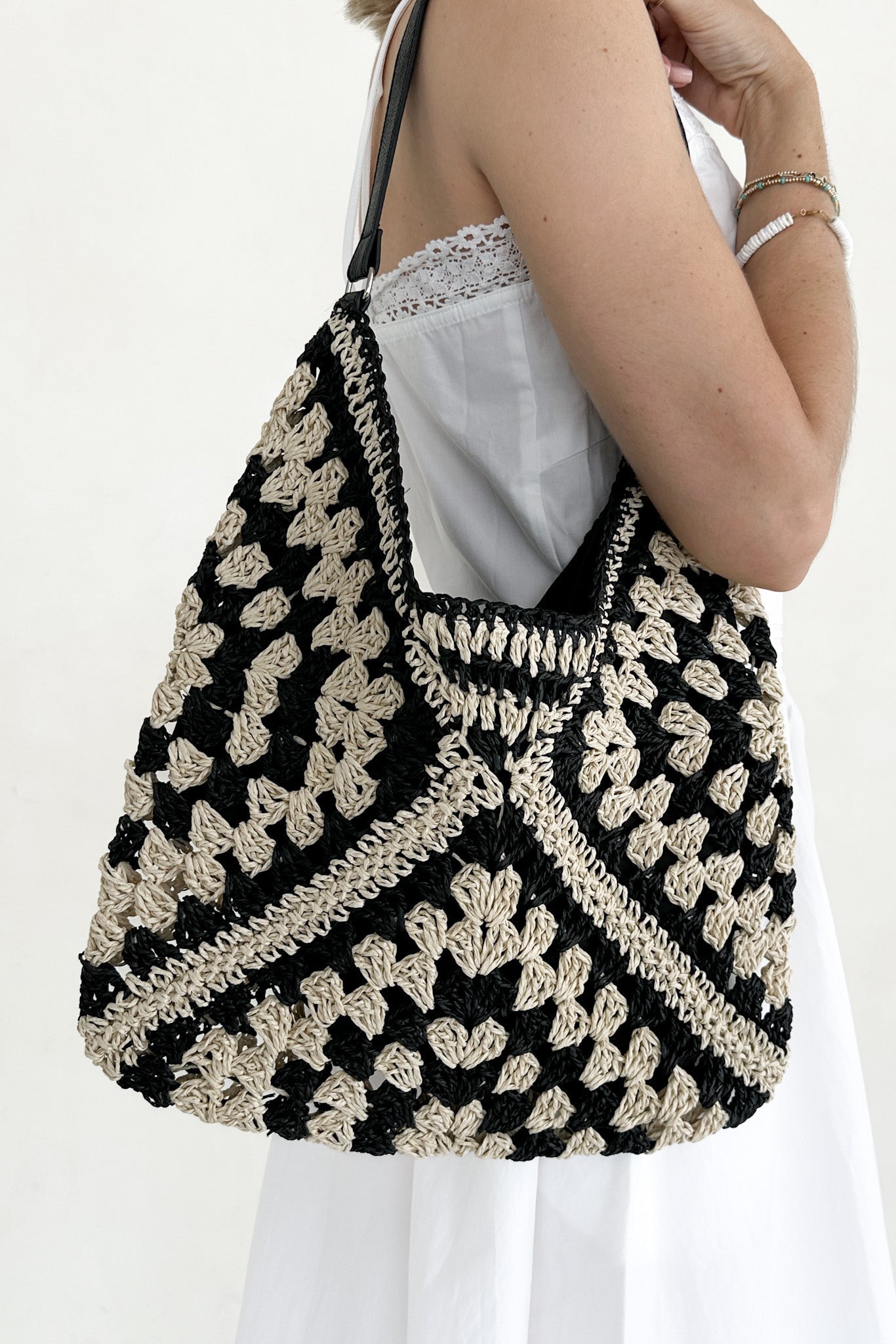 Getaway Crochet Shoulder Bag in Black and Natural - Neutral Ground