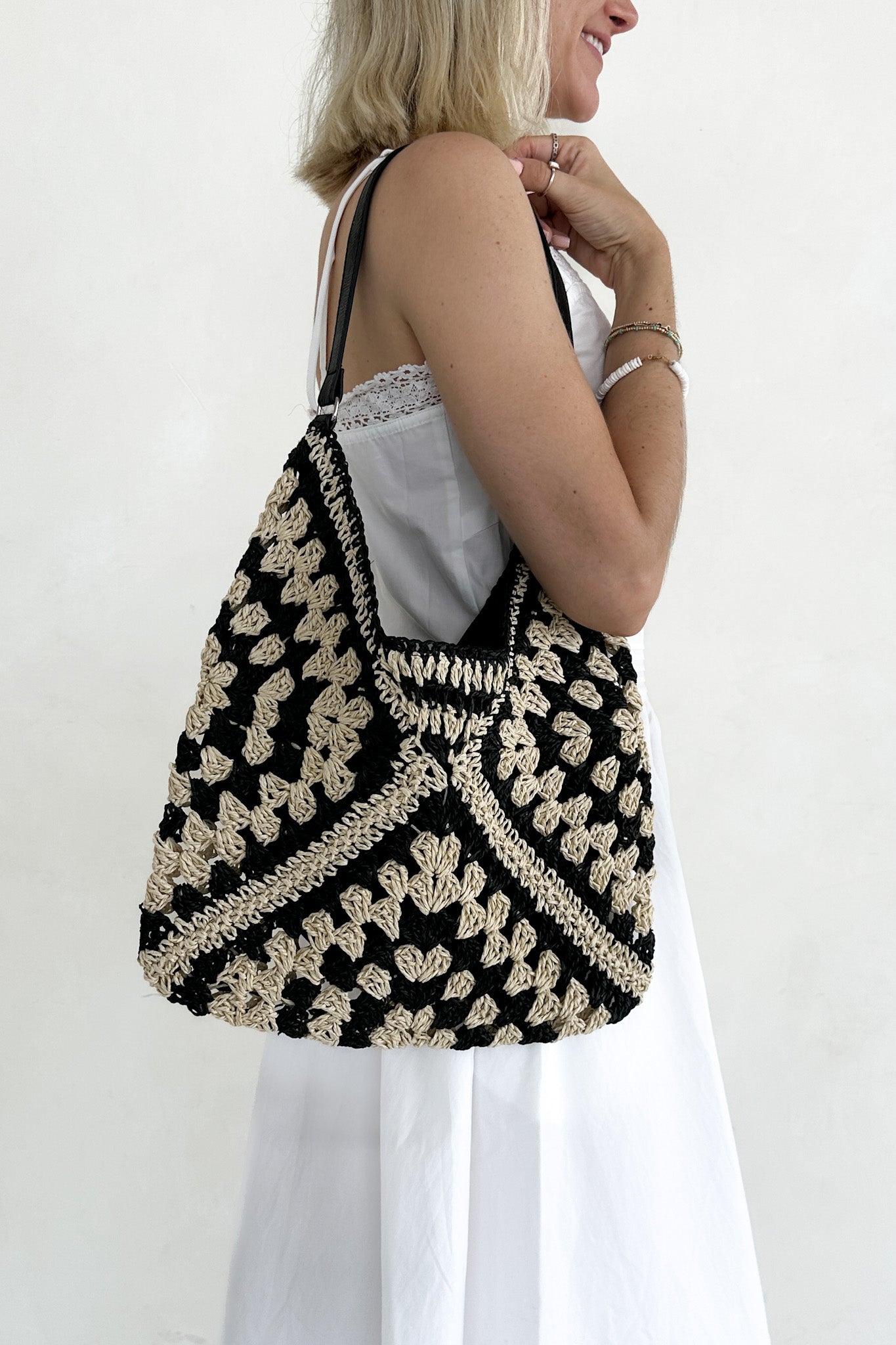 Getaway Crochet Shoulder Bag in Black and Natural - Neutral Ground