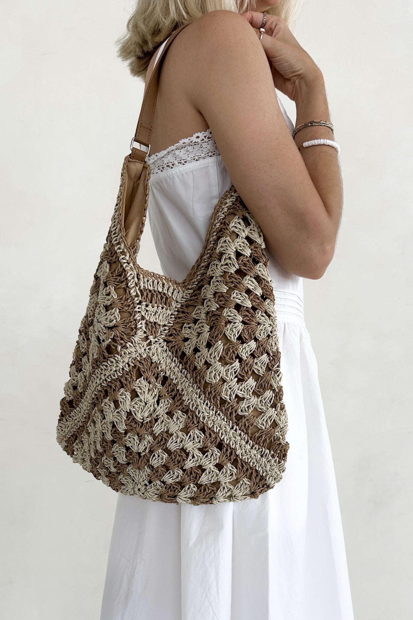 Getaway Crochet Shoulder Bag in Natural and Tan - Neutral Ground