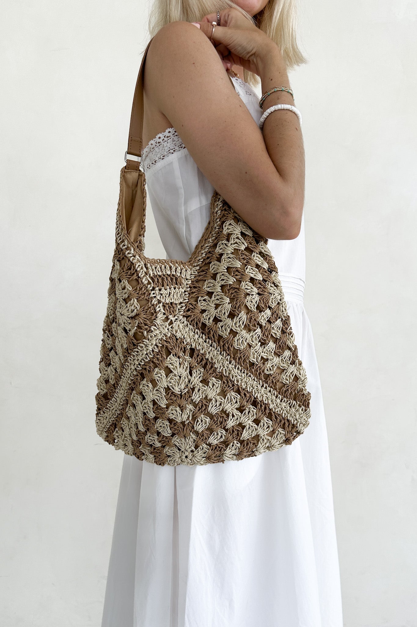 Getaway Crochet Shoulder Bag in Natural and Tan - Neutral Ground