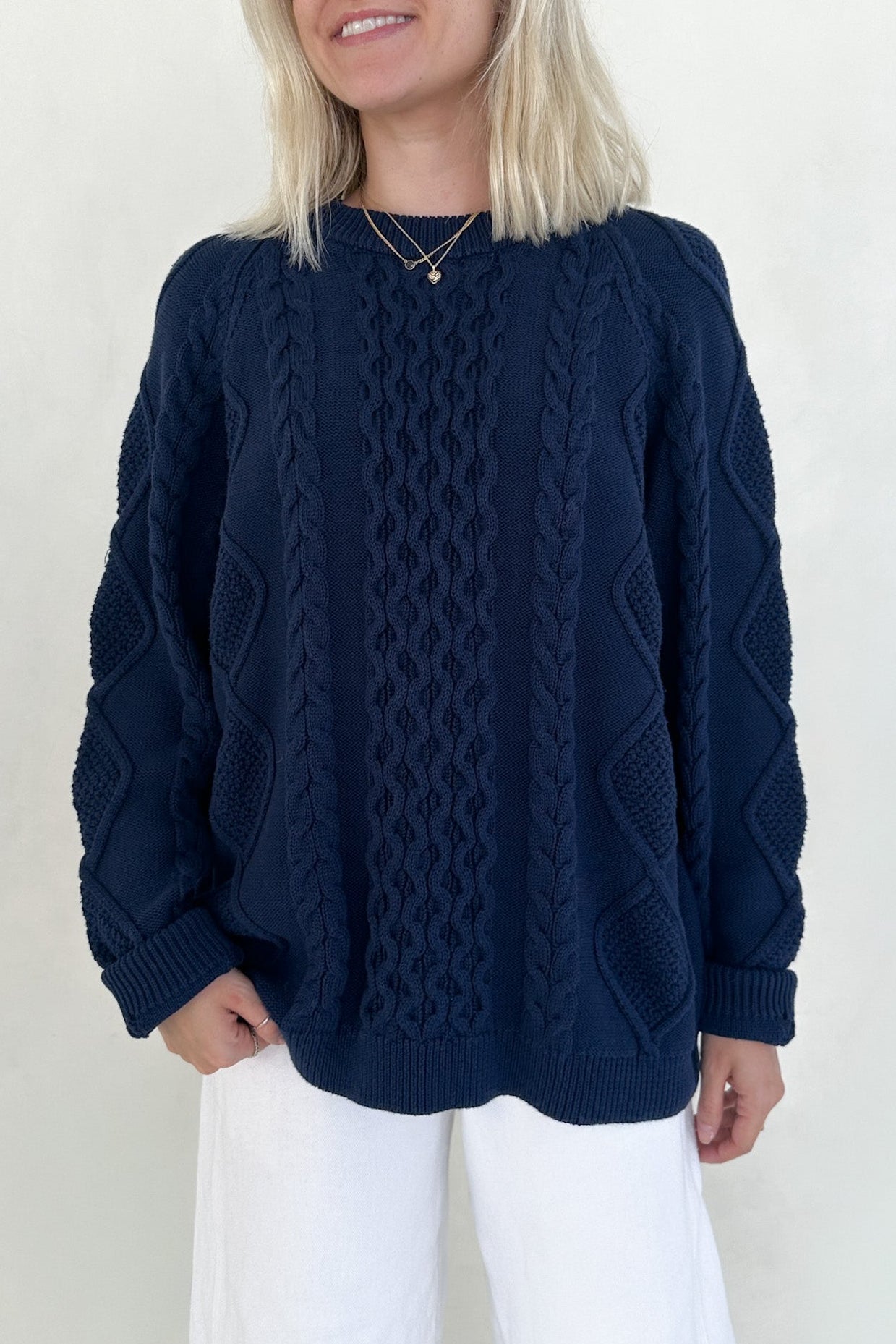 Gilmore Oversized Cotton Cable Knit Sweater in Navy - Neutral Ground
