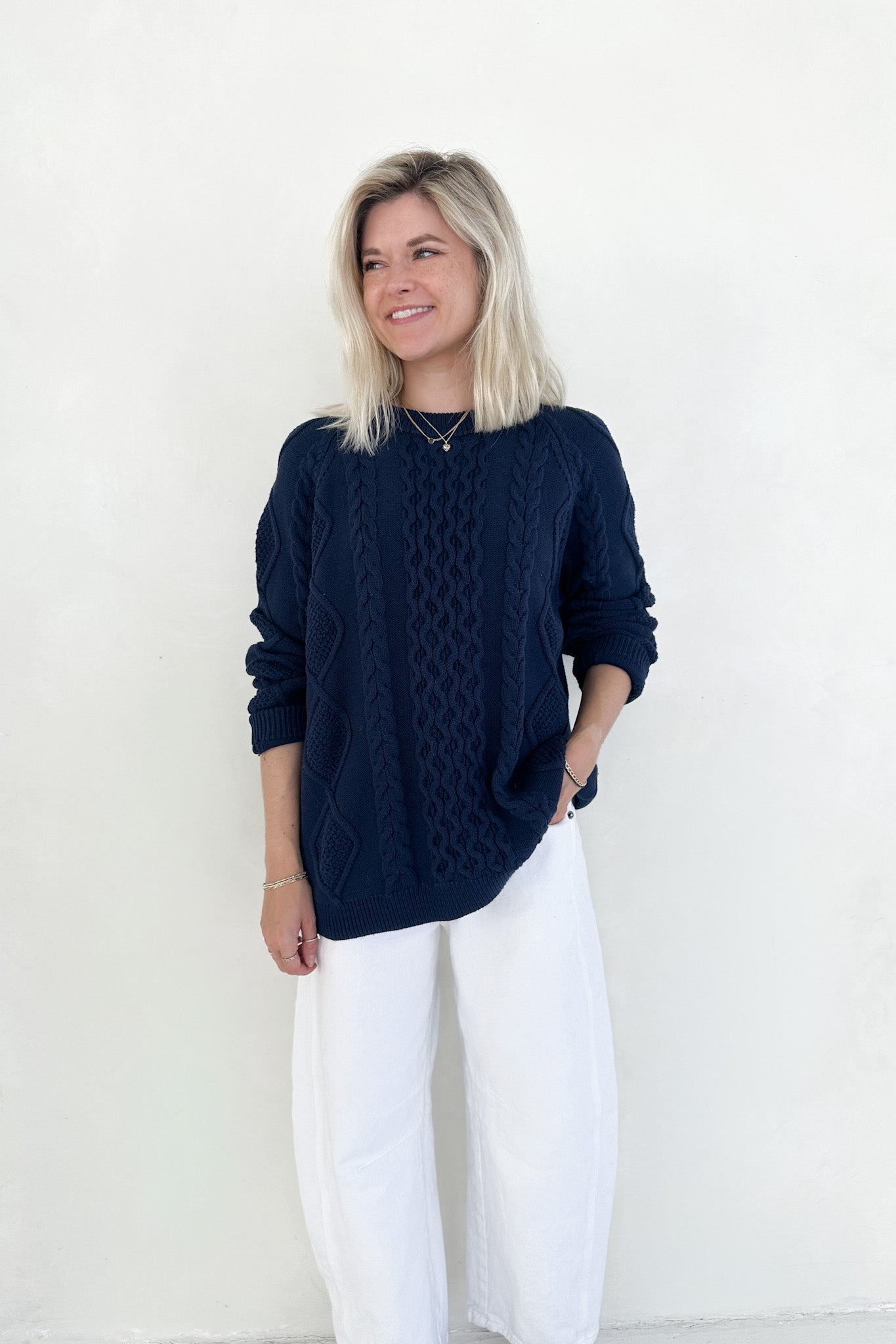 Gilmore Oversized Cotton Cable Knit Sweater in Navy - Neutral Ground