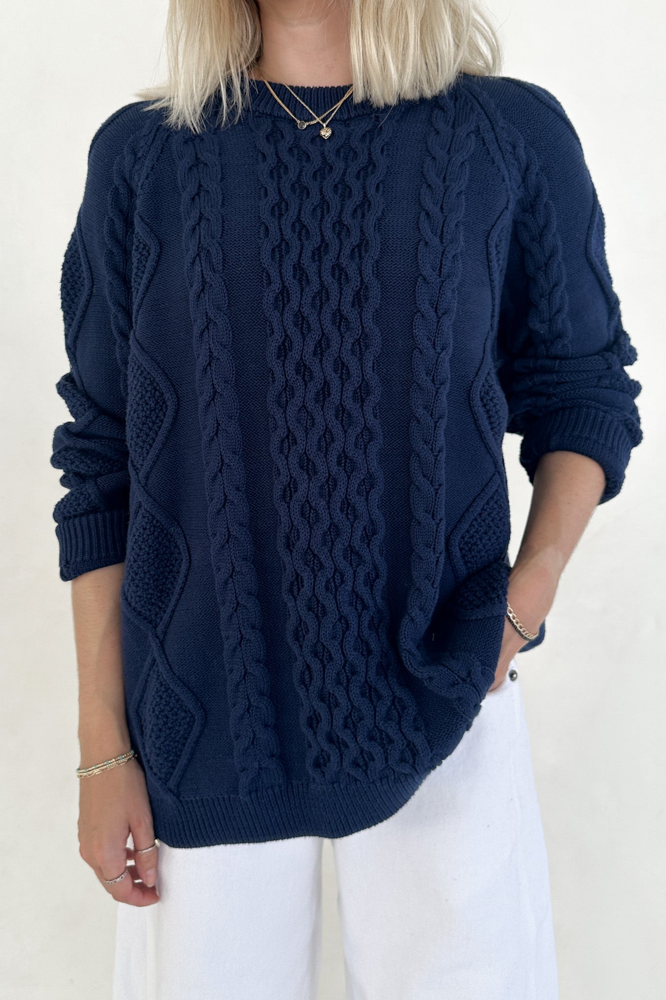 Gilmore Oversized Cotton Cable Knit Sweater in Navy - Neutral Ground