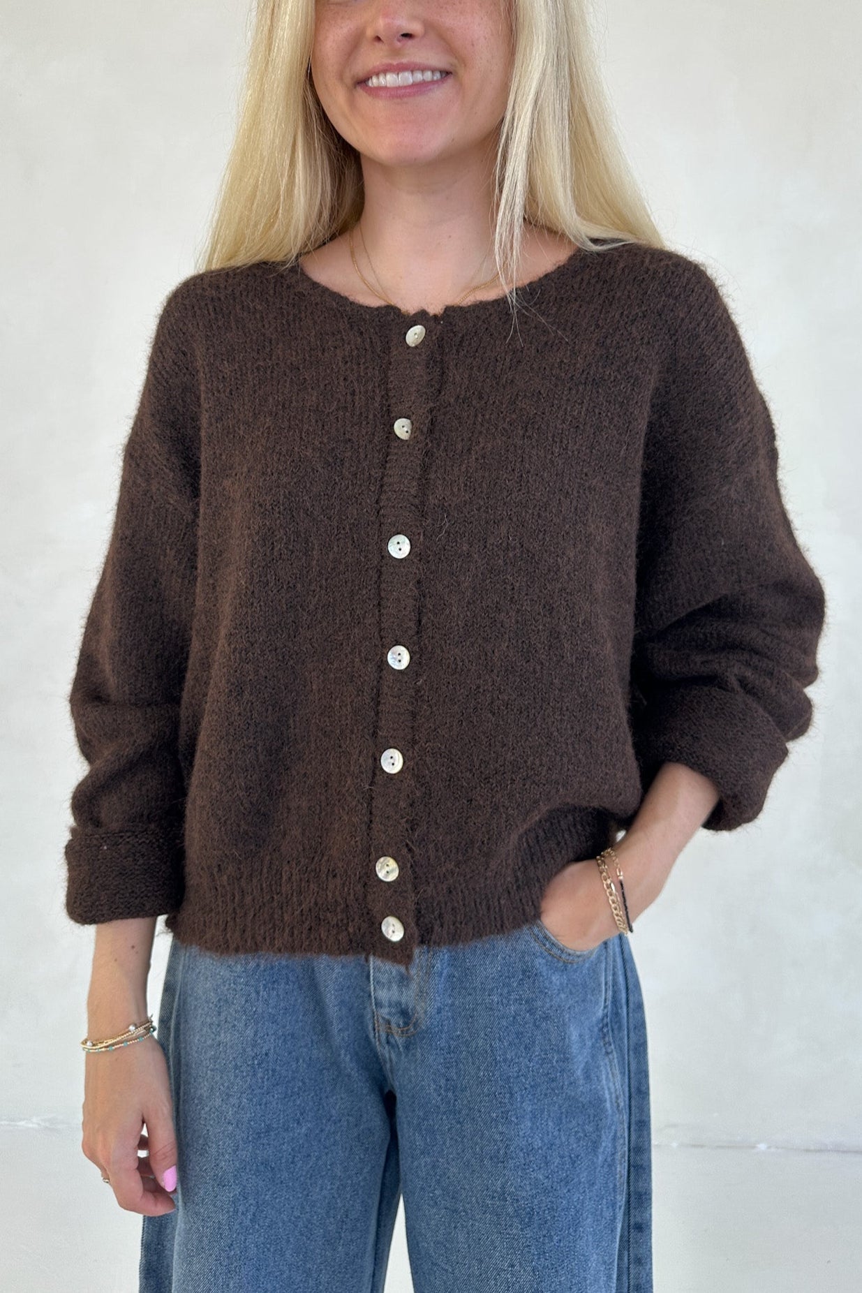 Grace Button Down Cardigan in Chocolate - Neutral Ground