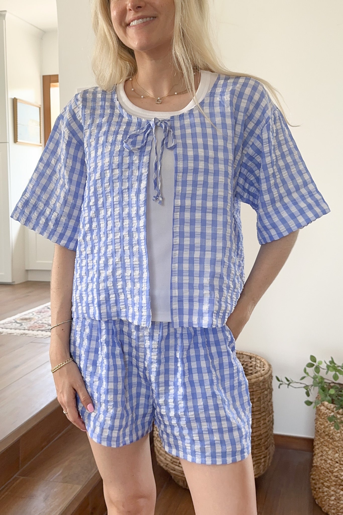 Gracie Gingham Checkered Tie Front Top - Neutral Ground