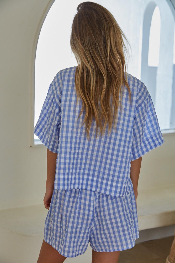 Gracie Gingham Checkered Tie Front Top - Neutral Ground