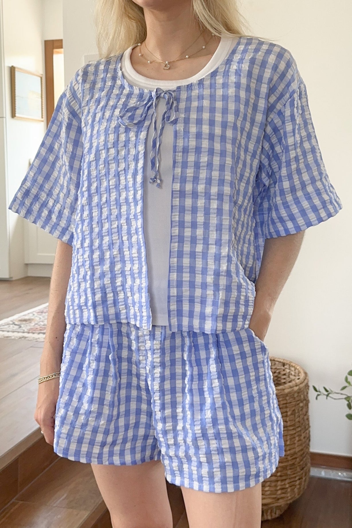 Gracie Gingham Checkered Tie Front Top - Neutral Ground