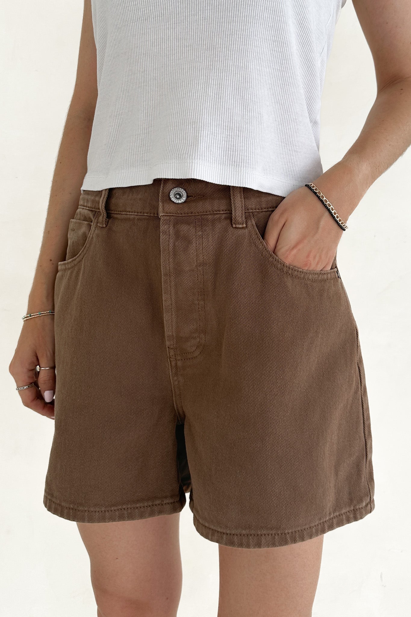 Hallie Classic A - line Denim Shorts in Mocha - Neutral Ground