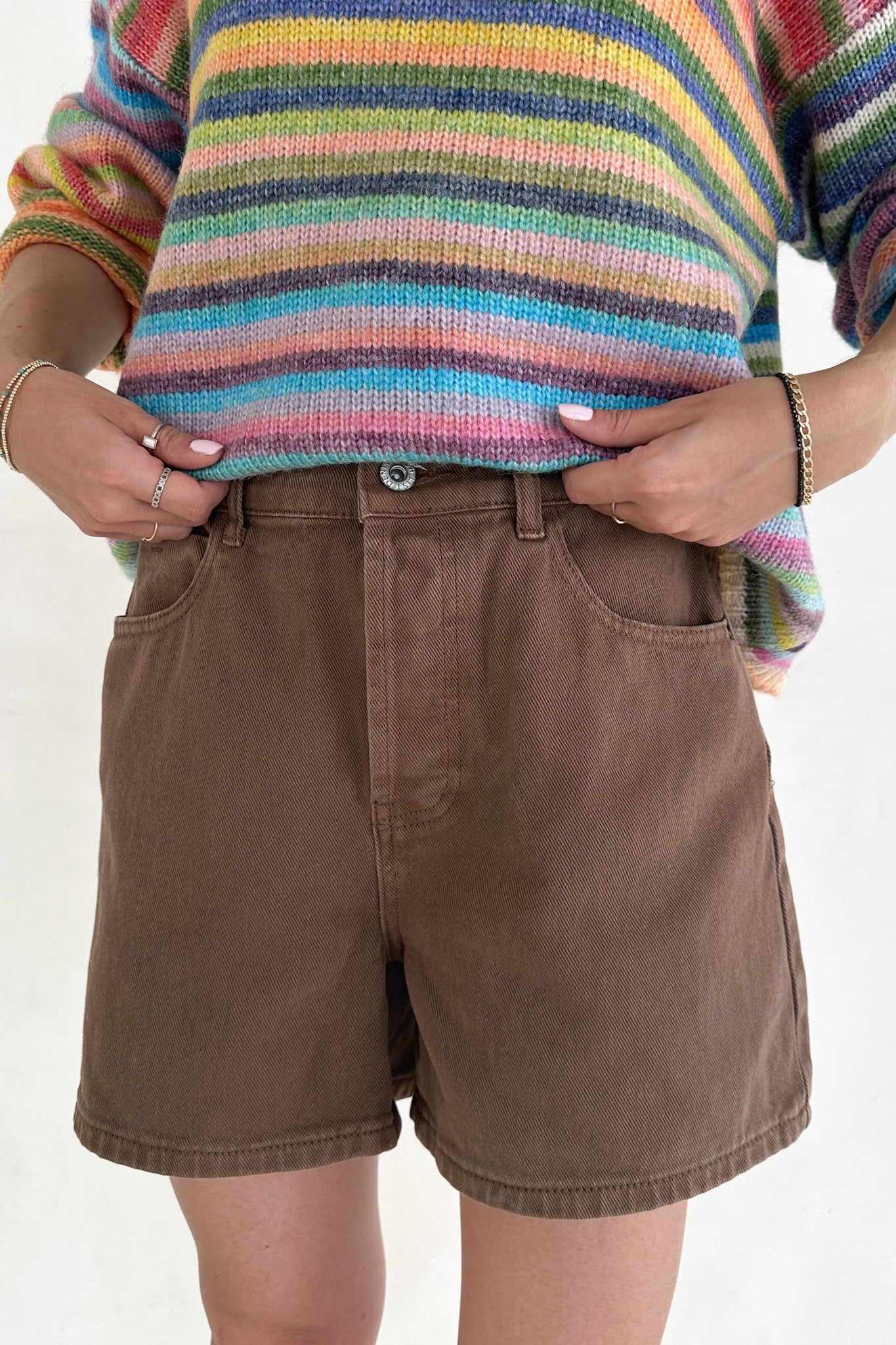 Hallie Classic A - line Denim Shorts in Mocha - Neutral Ground