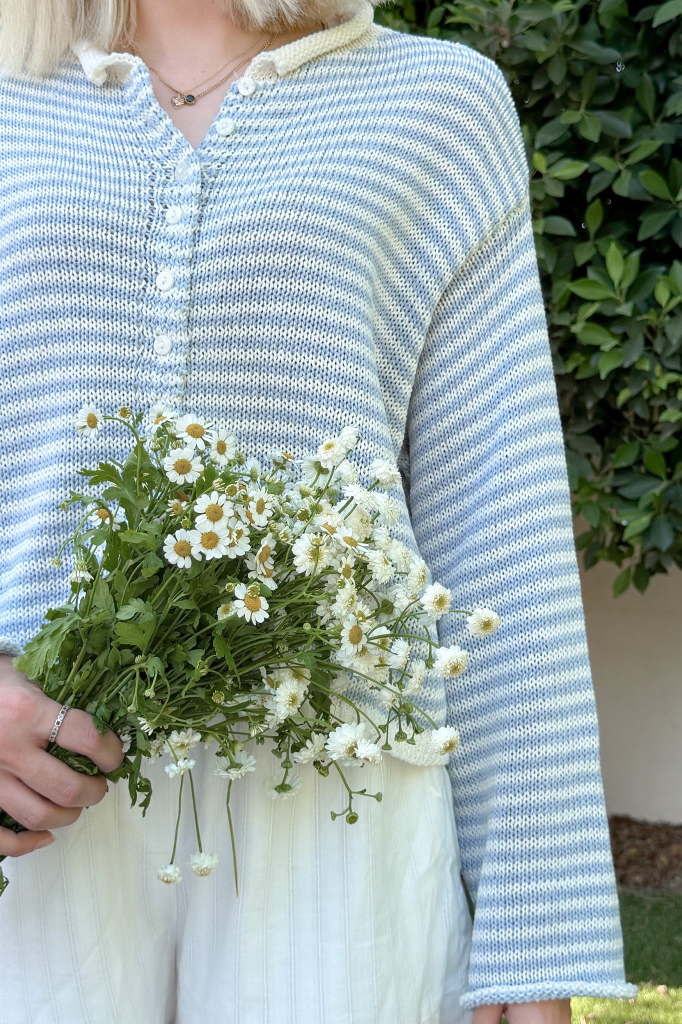 Haven Cotton Mini Striped Knit Cardigan in Dusty Blue and White - Neutral Ground
