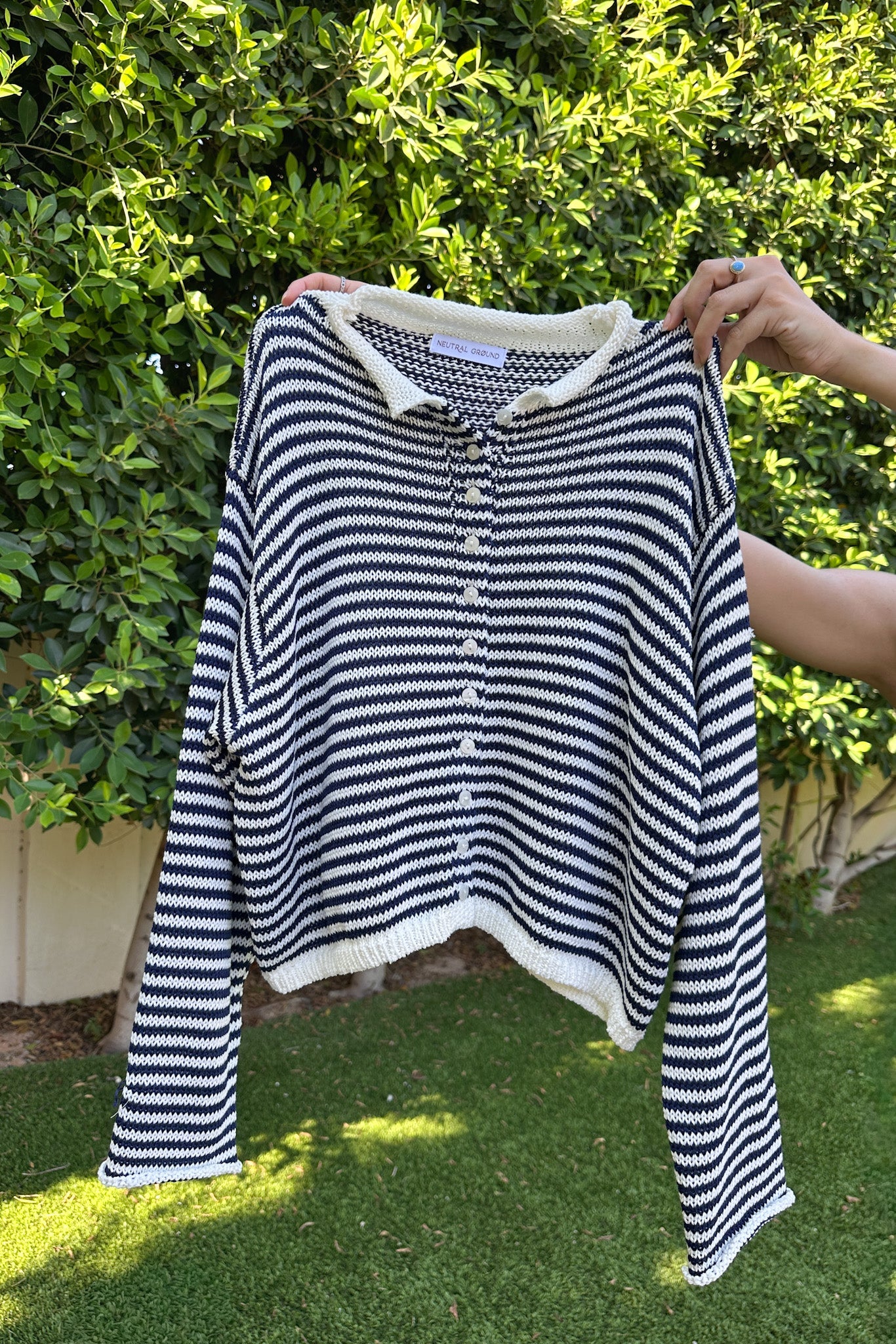 Haven Cotton Mini Striped Knit Cardigan in Navy and White - Neutral Ground