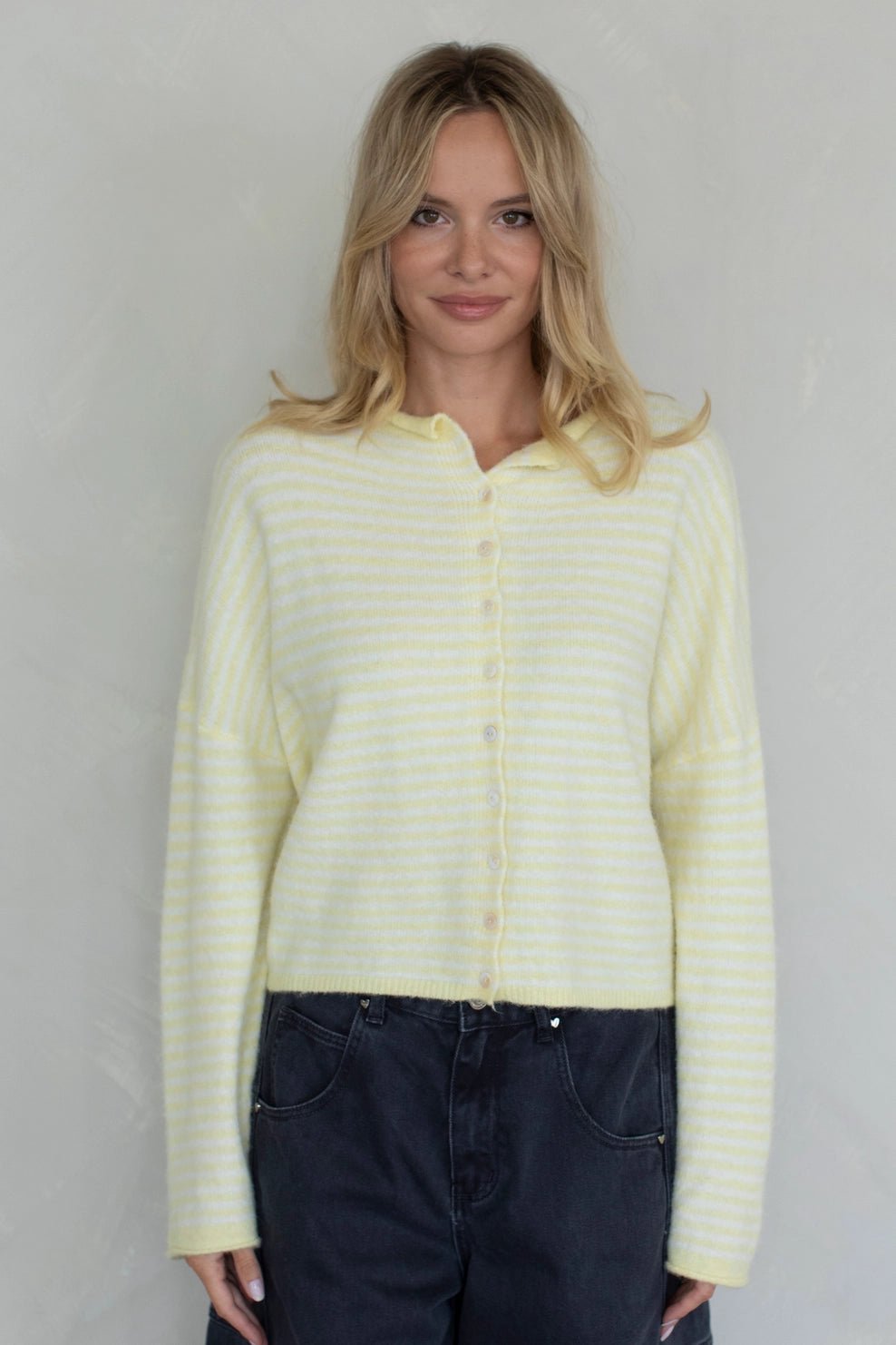 Haven Mini Striped Cardigan in Butter Yellow and White - Neutral Ground