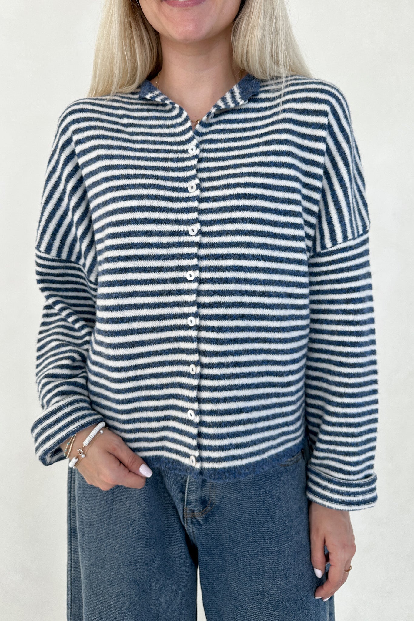 Haven Mini Striped Cardigan in Denim and White - Neutral Ground