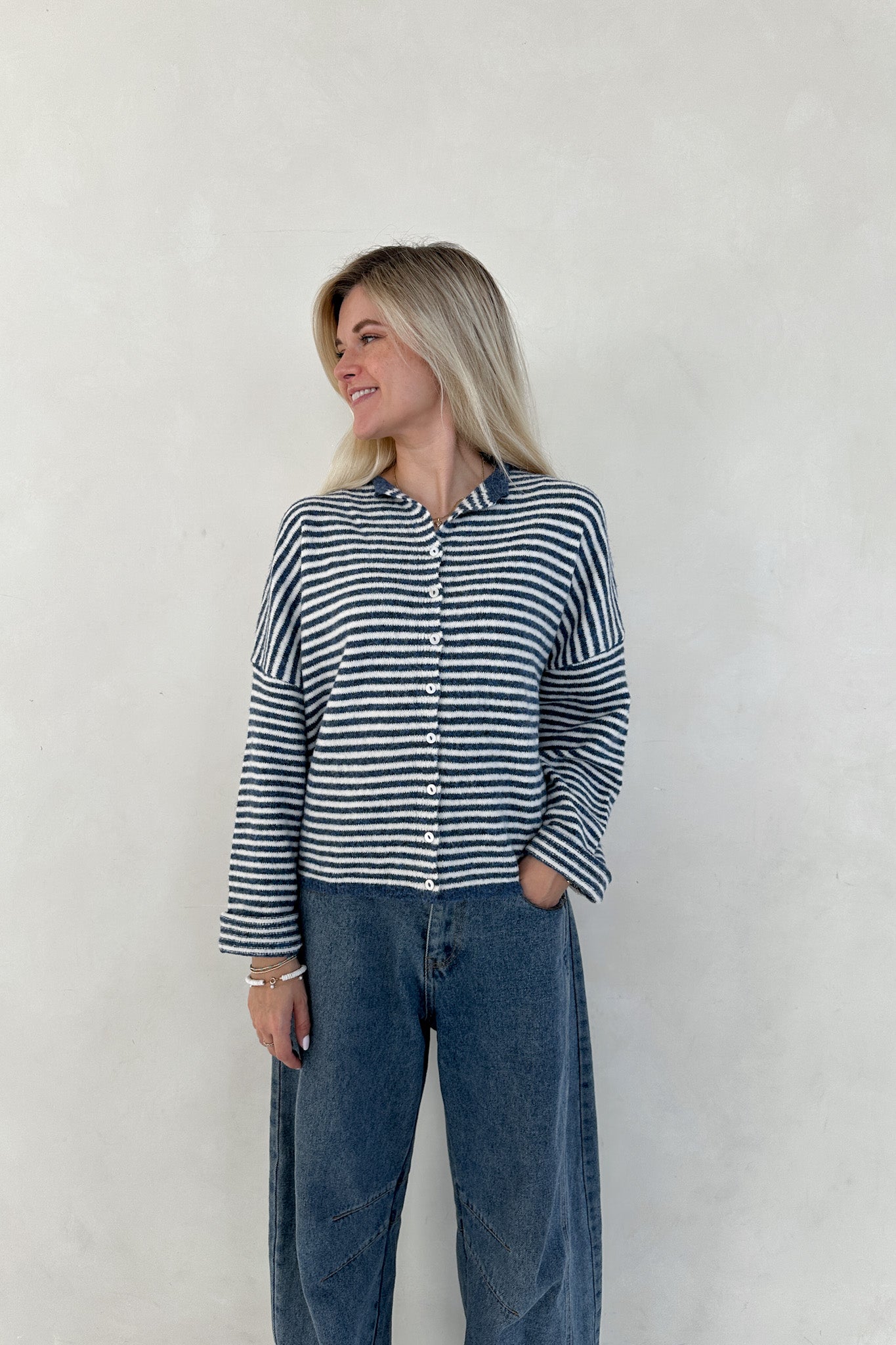 Haven Mini Striped Cardigan in Denim and White - Neutral Ground