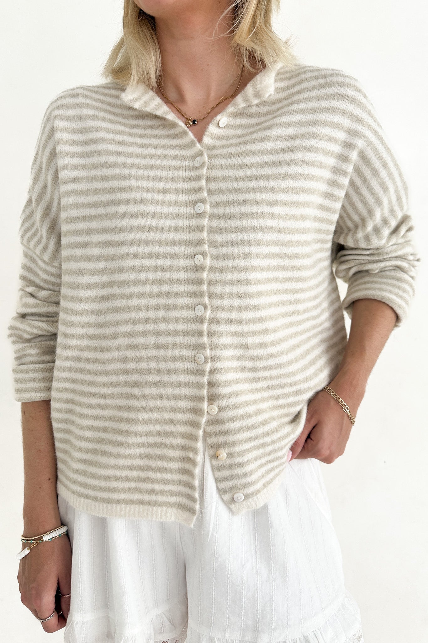 Haven Mini Striped Cardigan in Tan and Cream - Neutral Ground