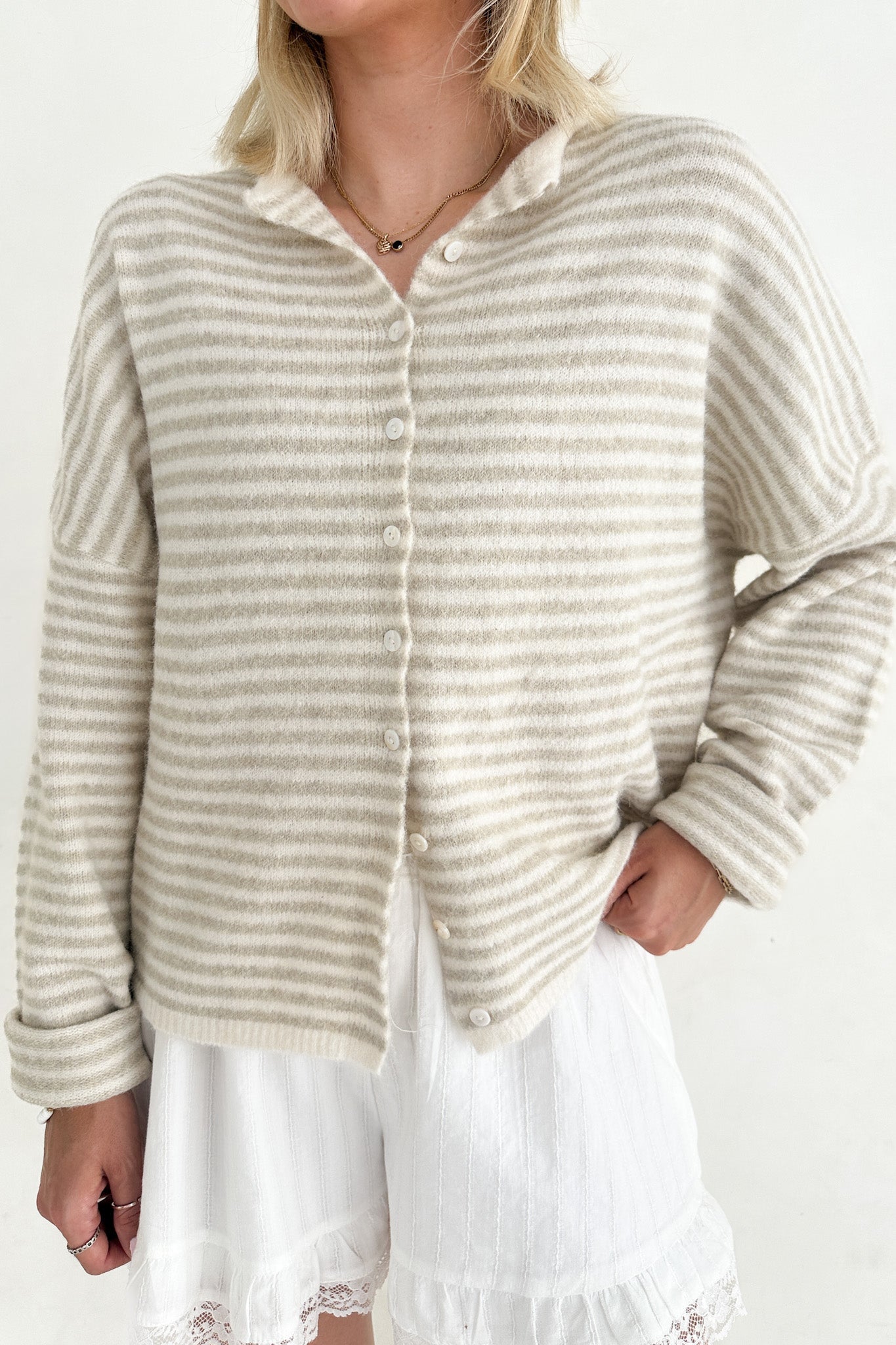 Haven Mini Striped Cardigan in Tan and Cream - Neutral Ground