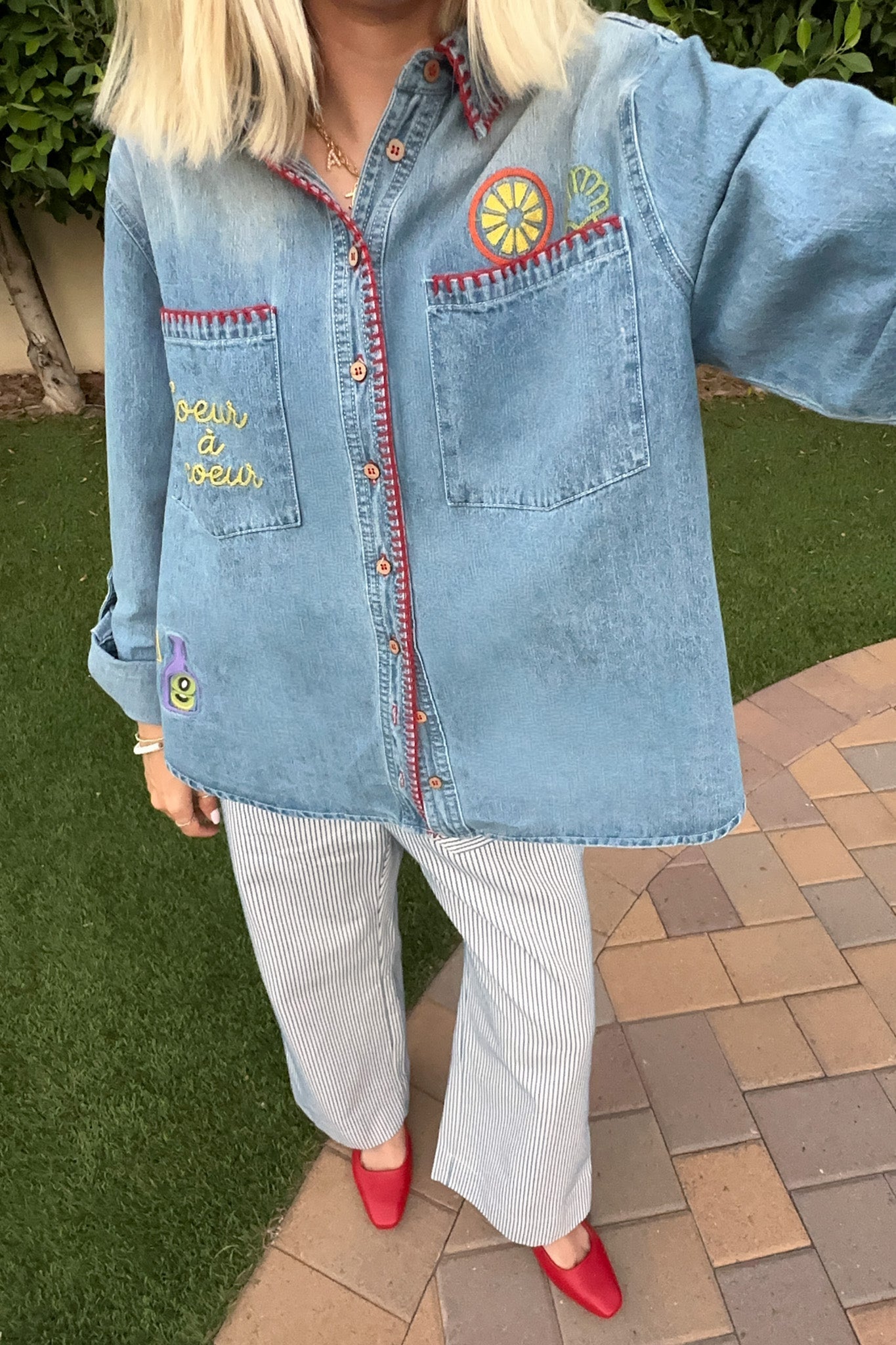 Heart to Heart Stitch Detail Denim Button Down - Neutral Ground