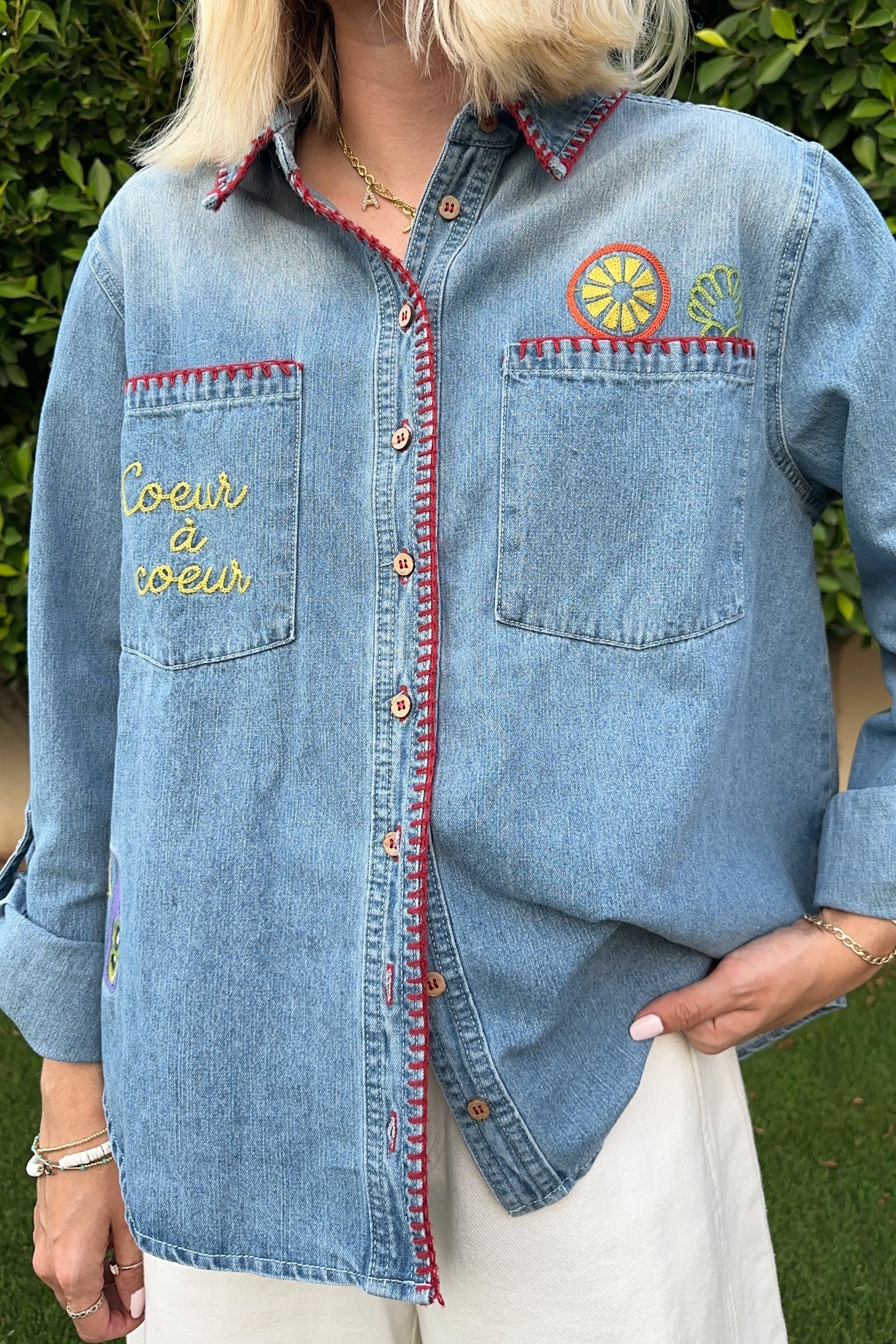 Heart to Heart Stitch Detail Denim Button Down - Neutral Ground