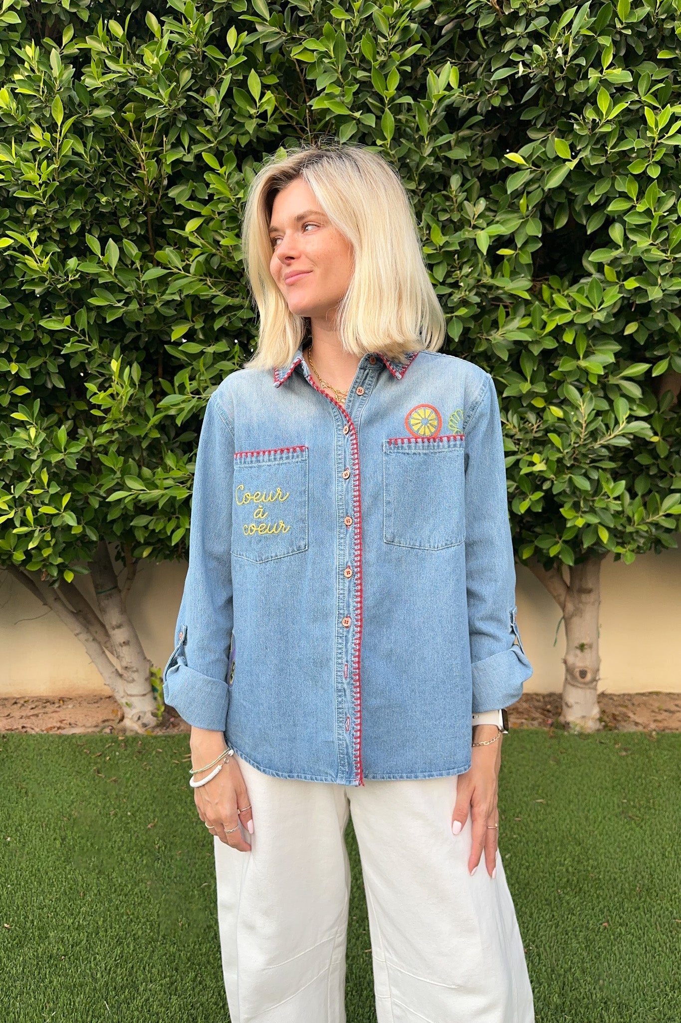 Heart to Heart Stitch Detail Denim Button Down - Neutral Ground