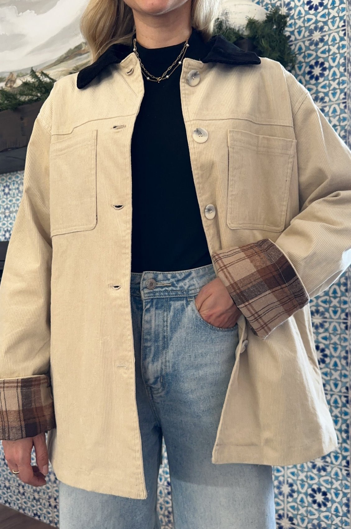 Highland Corduroy Collared Cotton Barn Jacket in Tan - Neutral Ground