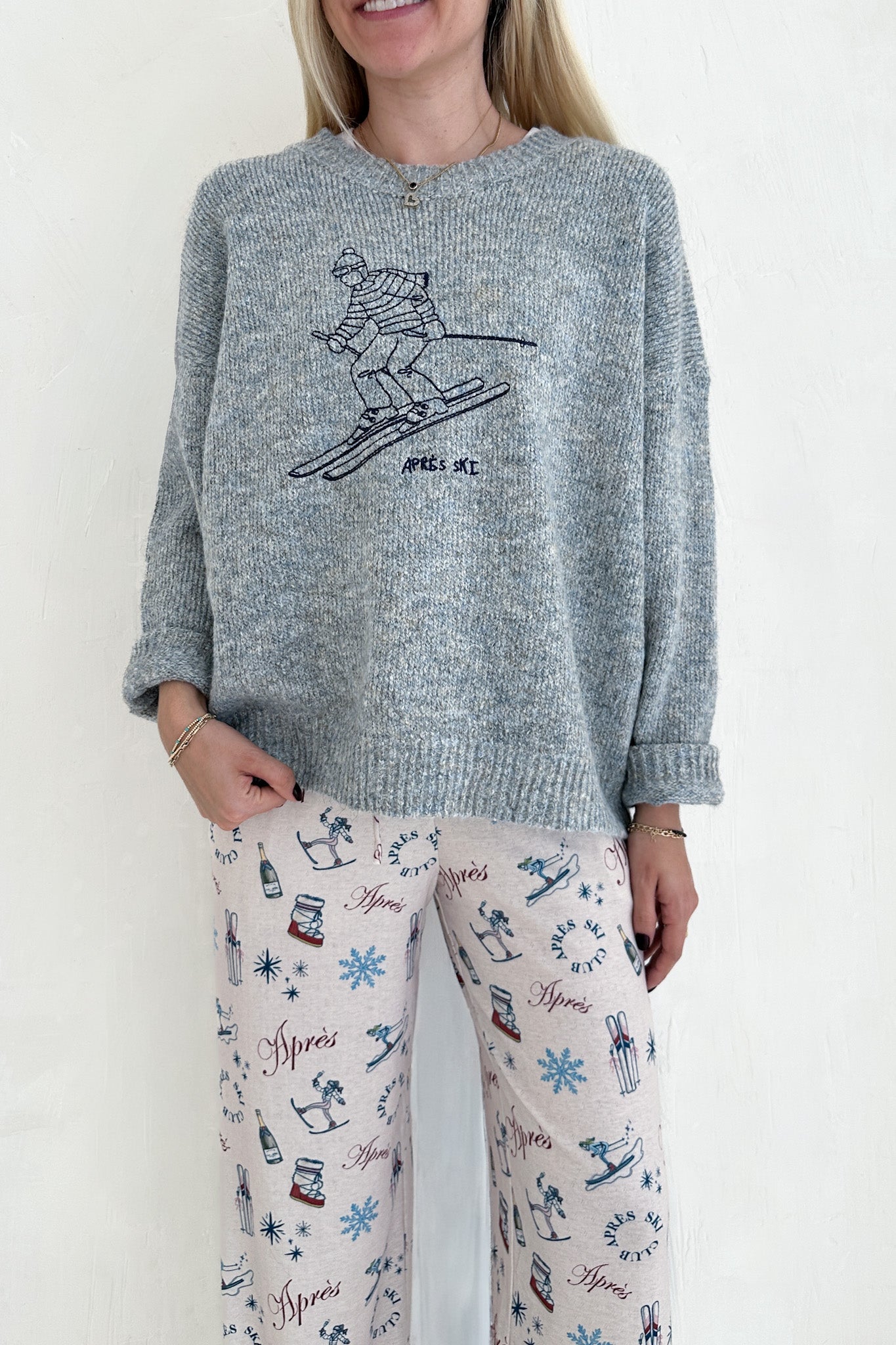 Hit the Slopes Embroidered Aprés Ski Knit Sweater - Neutral Ground
