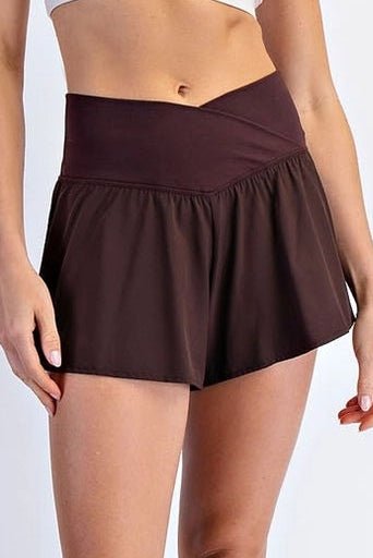 In Motion V Crossover Flared Shorts in Chocolate - Neutral Ground