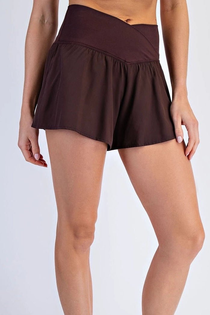 In Motion V Crossover Flared Shorts in Chocolate - Neutral Ground