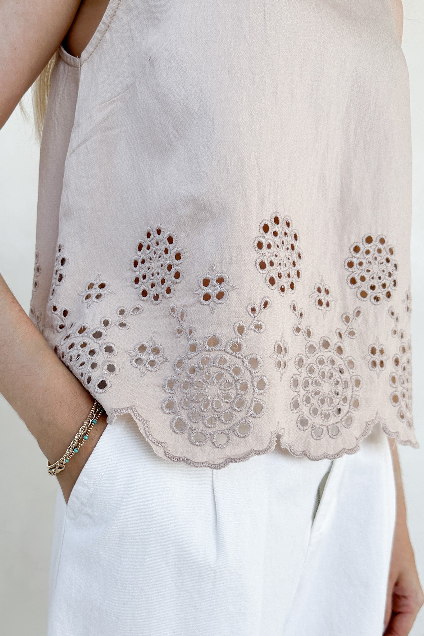 Isabella Eyelet Sleeveless Top in Tan - Neutral Ground