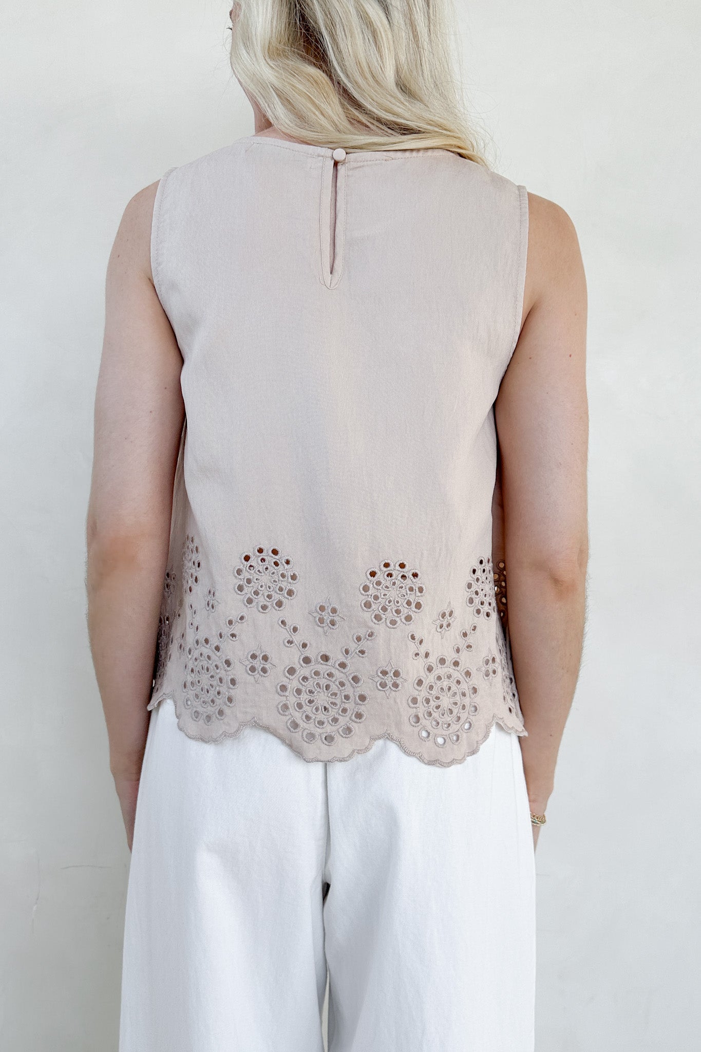 Isabella Eyelet Sleeveless Top in Tan - Neutral Ground