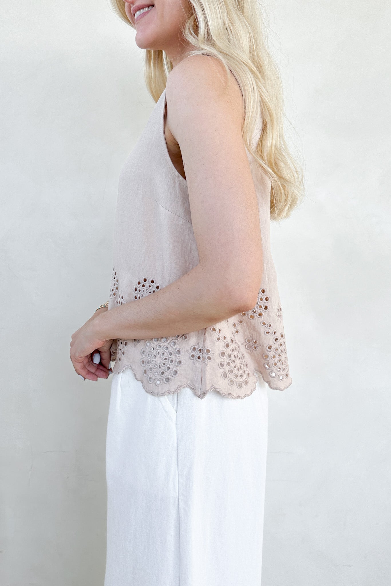 Isabella Eyelet Sleeveless Top in Tan - Neutral Ground