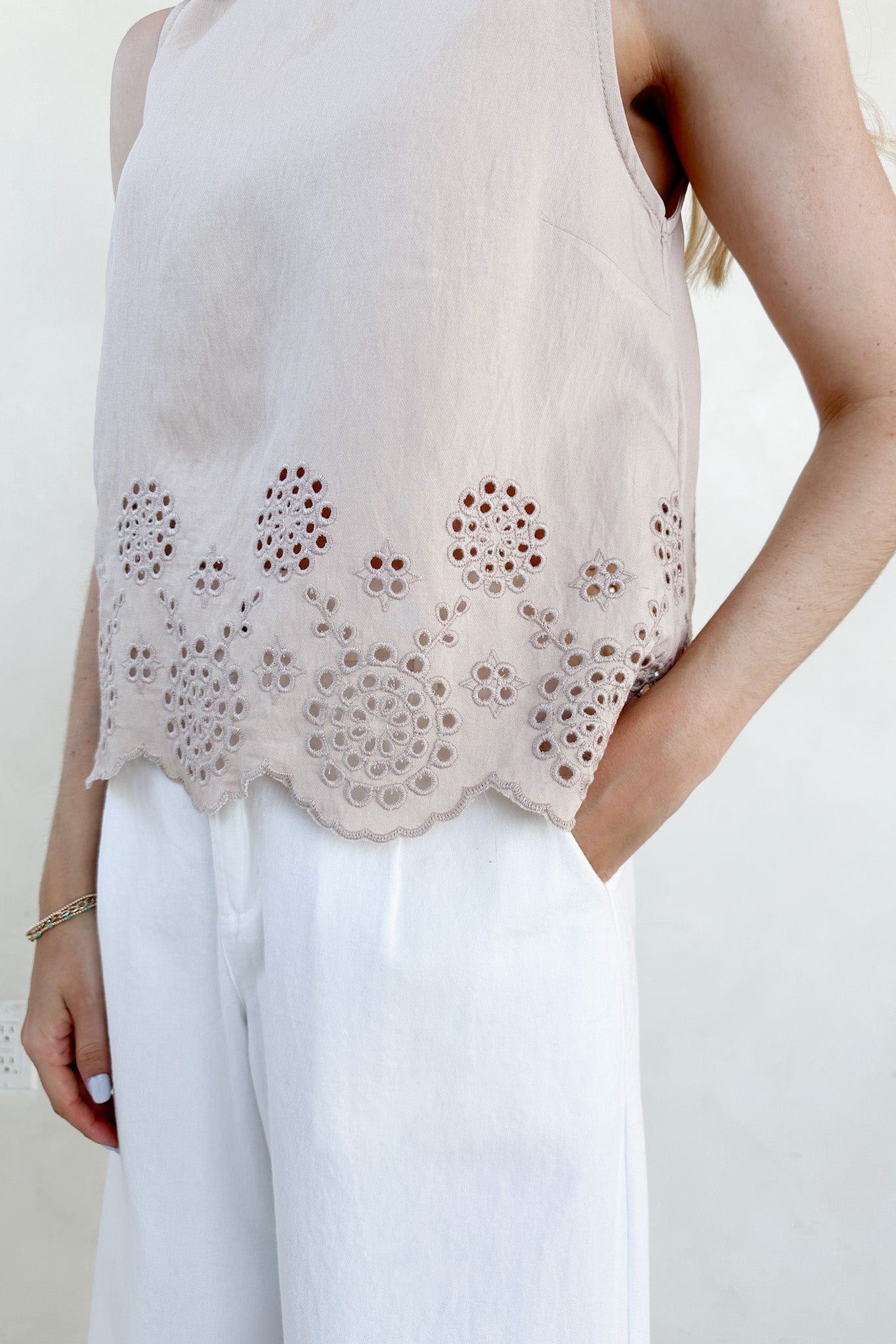 Isabella Eyelet Sleeveless Top in Tan - Neutral Ground