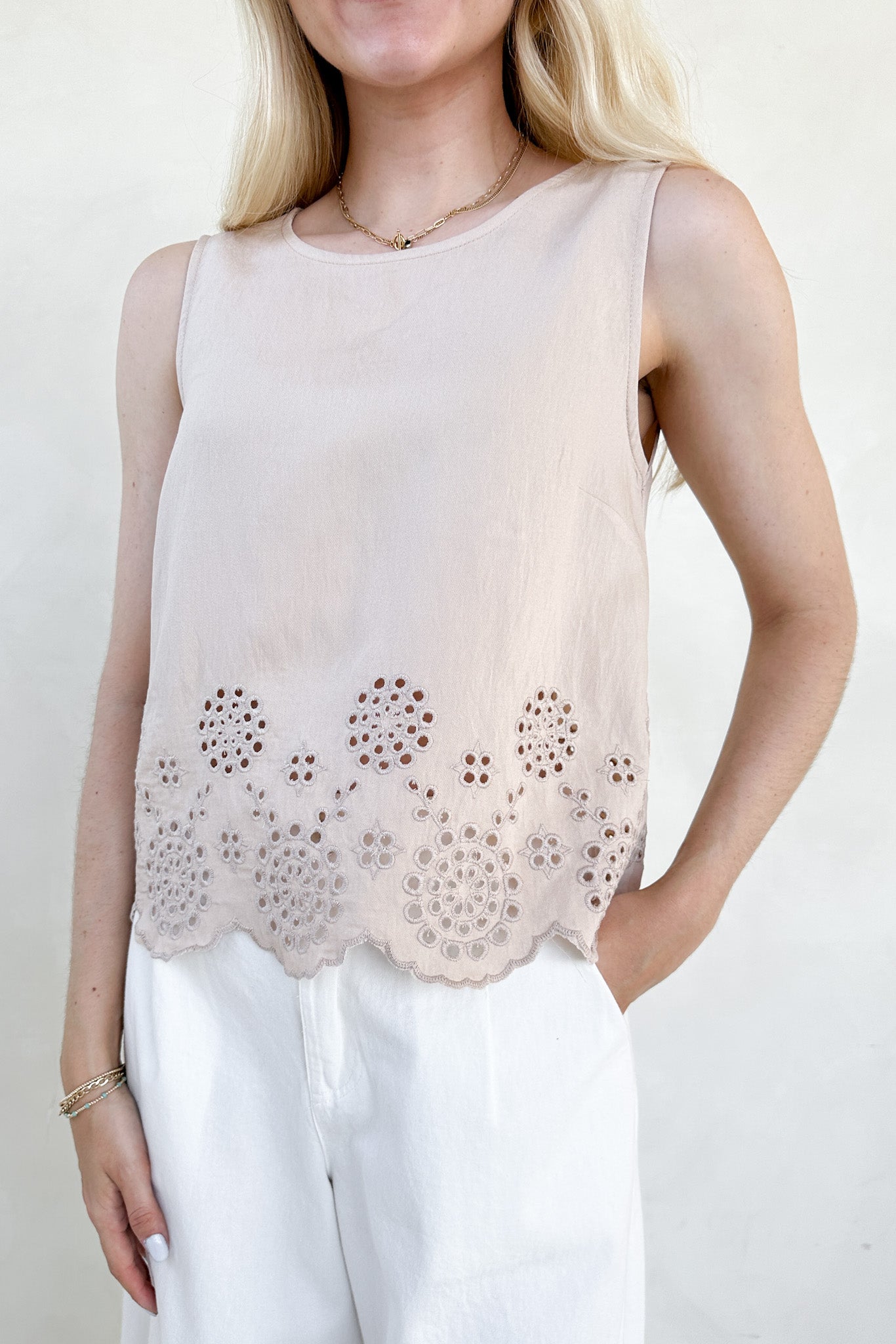 Isabella Eyelet Sleeveless Top in Tan - Neutral Ground