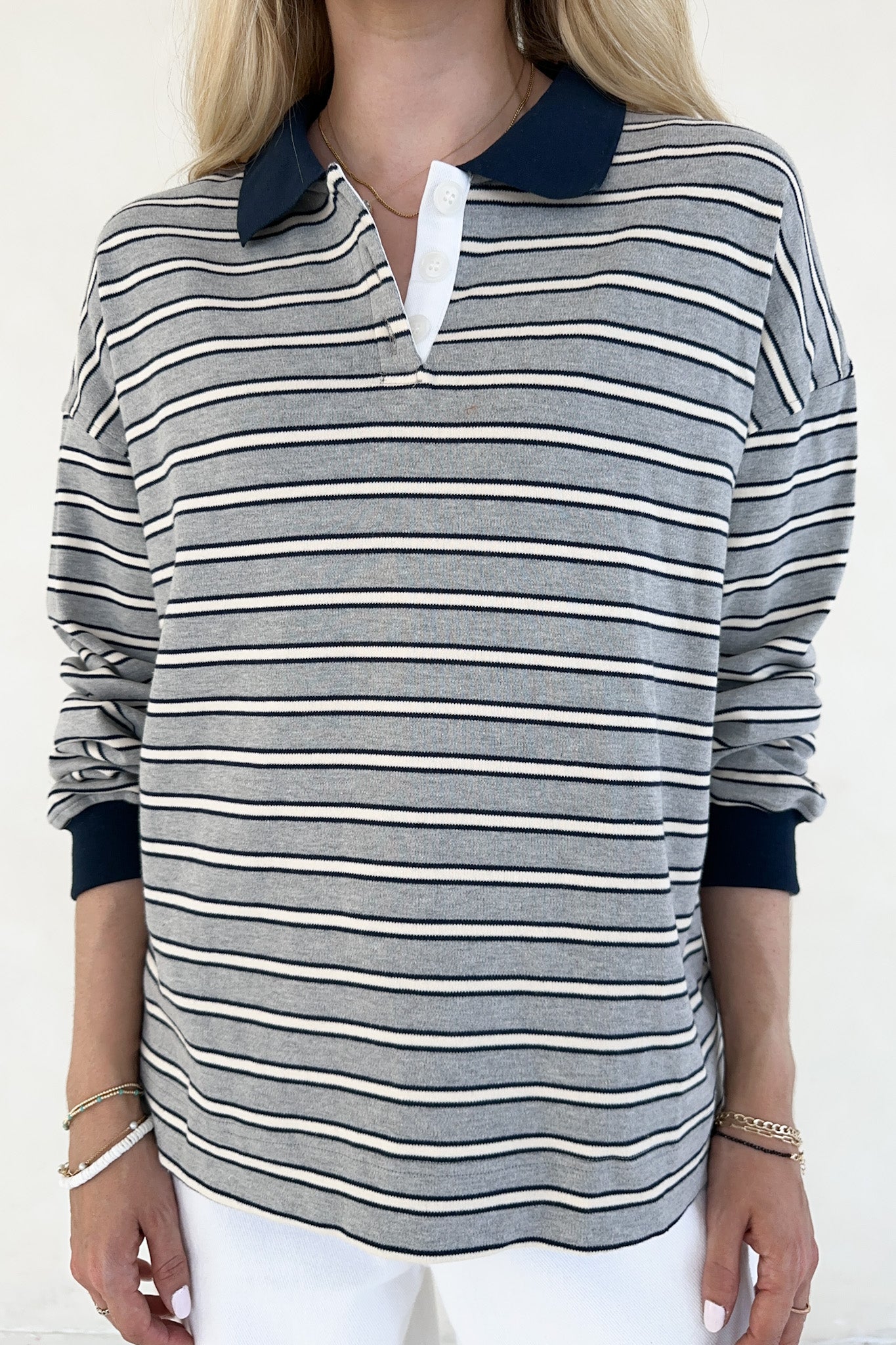 Jackson Striped Collared Long Sleeve Top - Neutral Ground