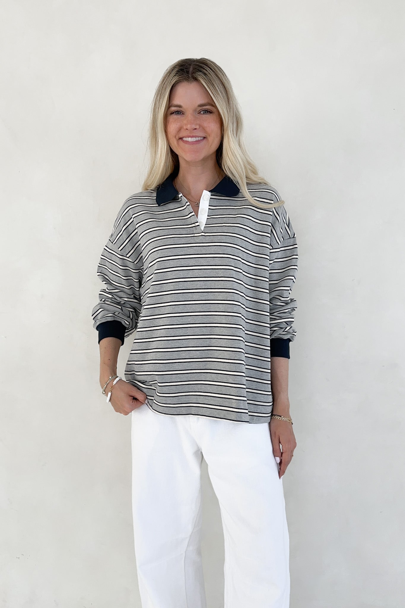 Jackson Striped Collared Long Sleeve Top - Neutral Ground