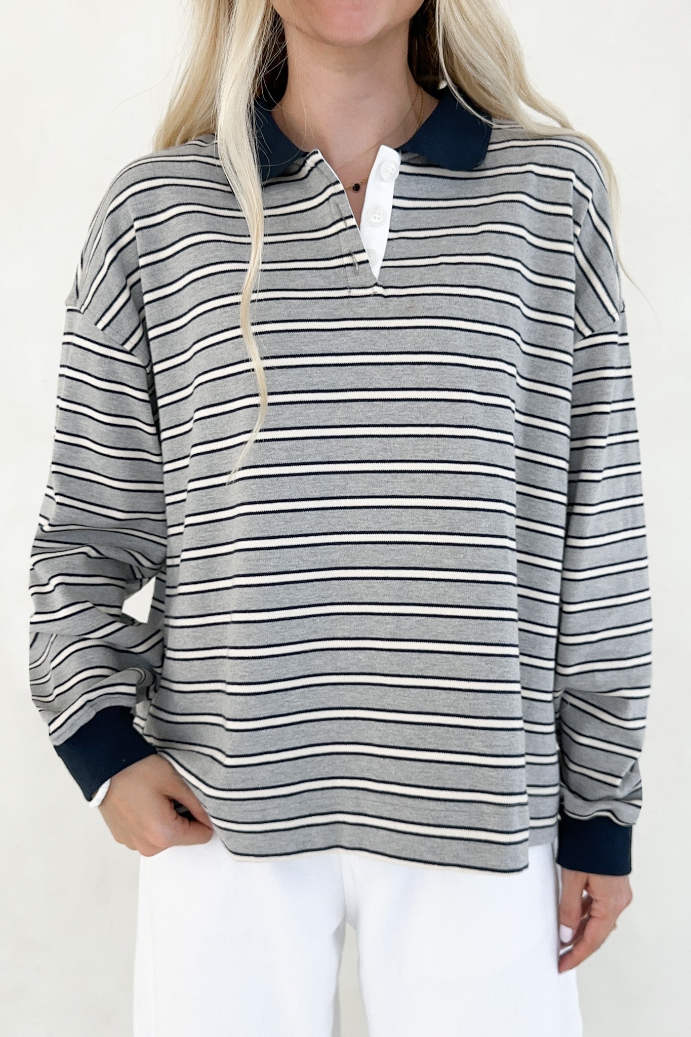 Jackson Striped Collared Long Sleeve Top - Neutral Ground