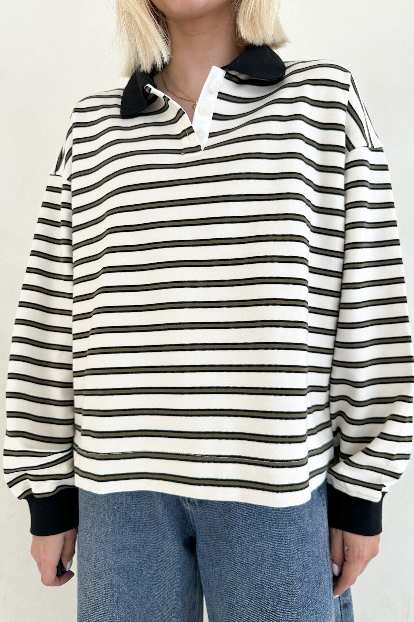 Jackson Striped Collared Long Sleeve Top in Ivory - Neutral Ground