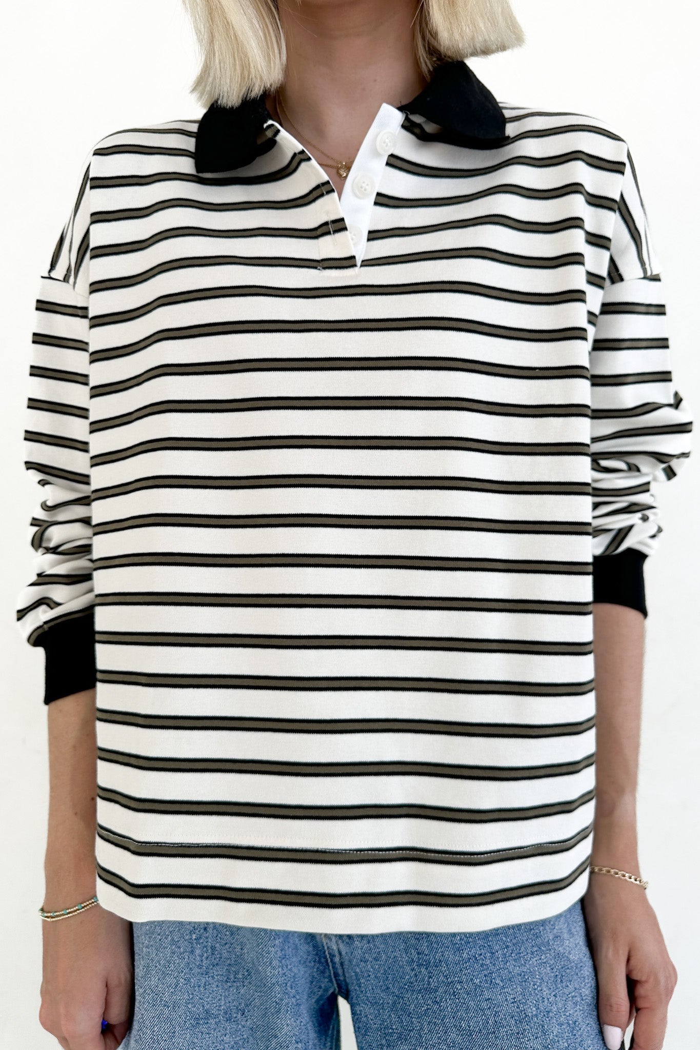 Jackson Striped Collared Long Sleeve Top in Ivory - Neutral Ground