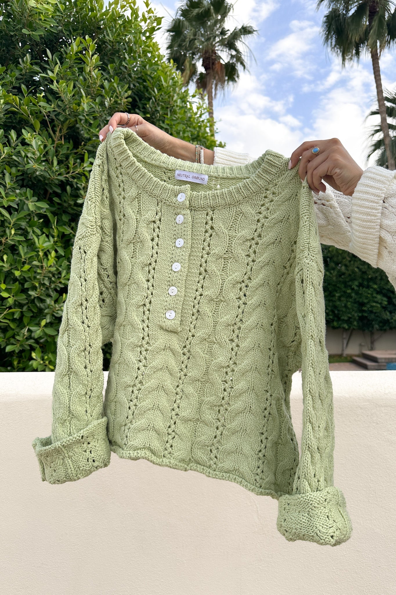 Jolie Lightweight Cable Knit Sweater Top in Pistachio - Neutral Ground