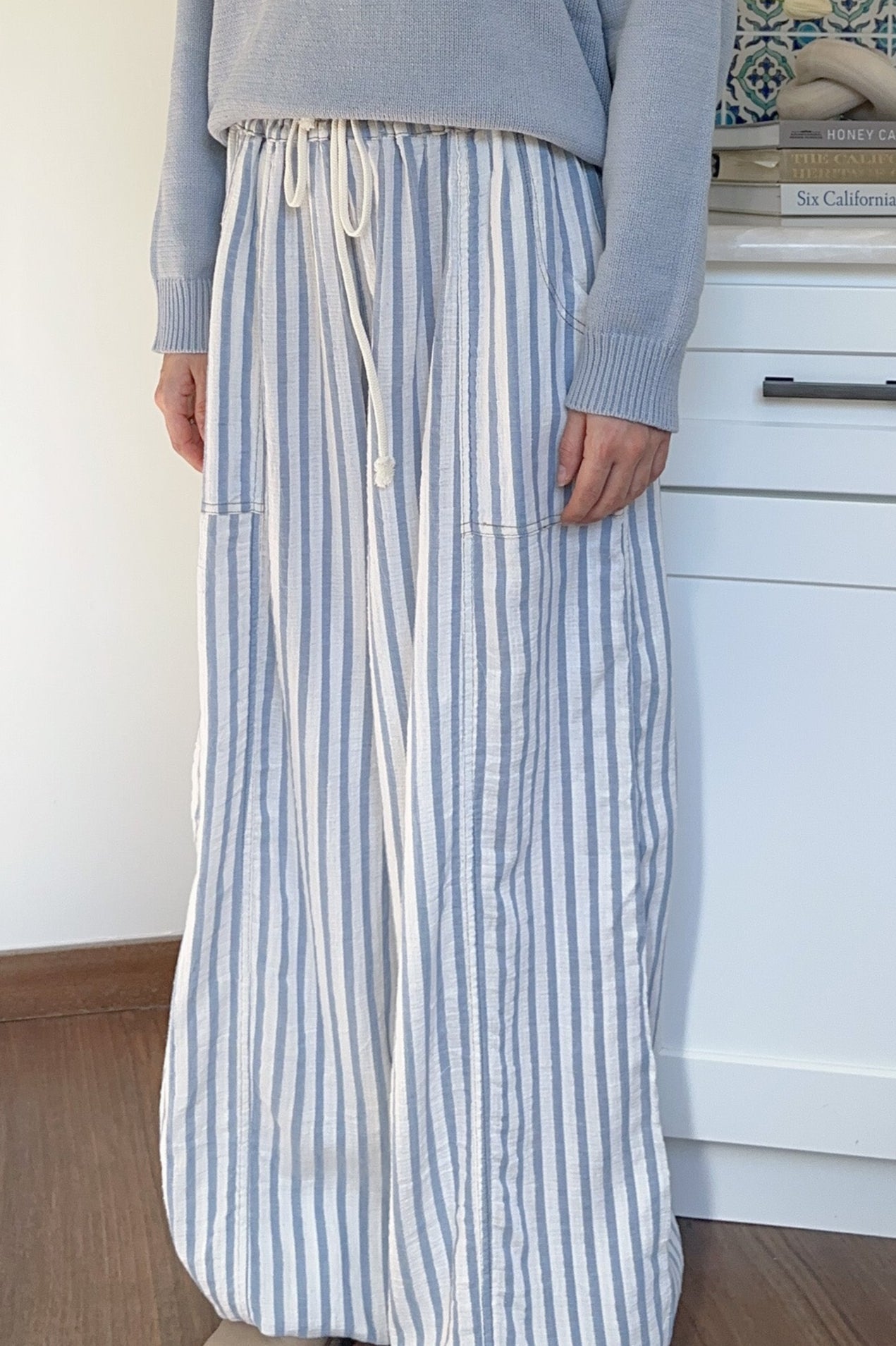 Josie Relaxed Striped Cotton Trousers in Blue - Neutral Ground